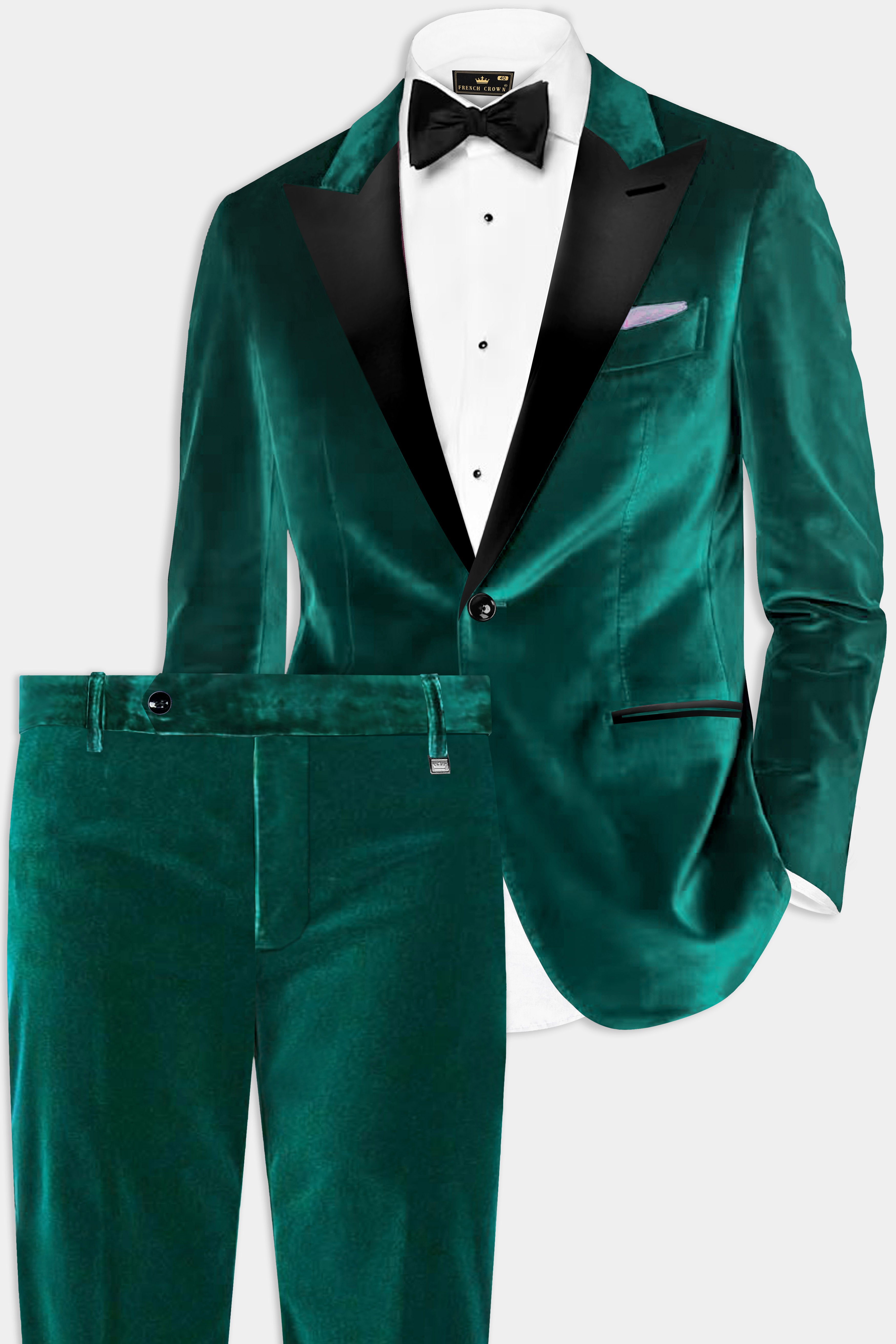 Emerald-Daintree Green Textured Velvet Peak Lapel Tuxedo Suit