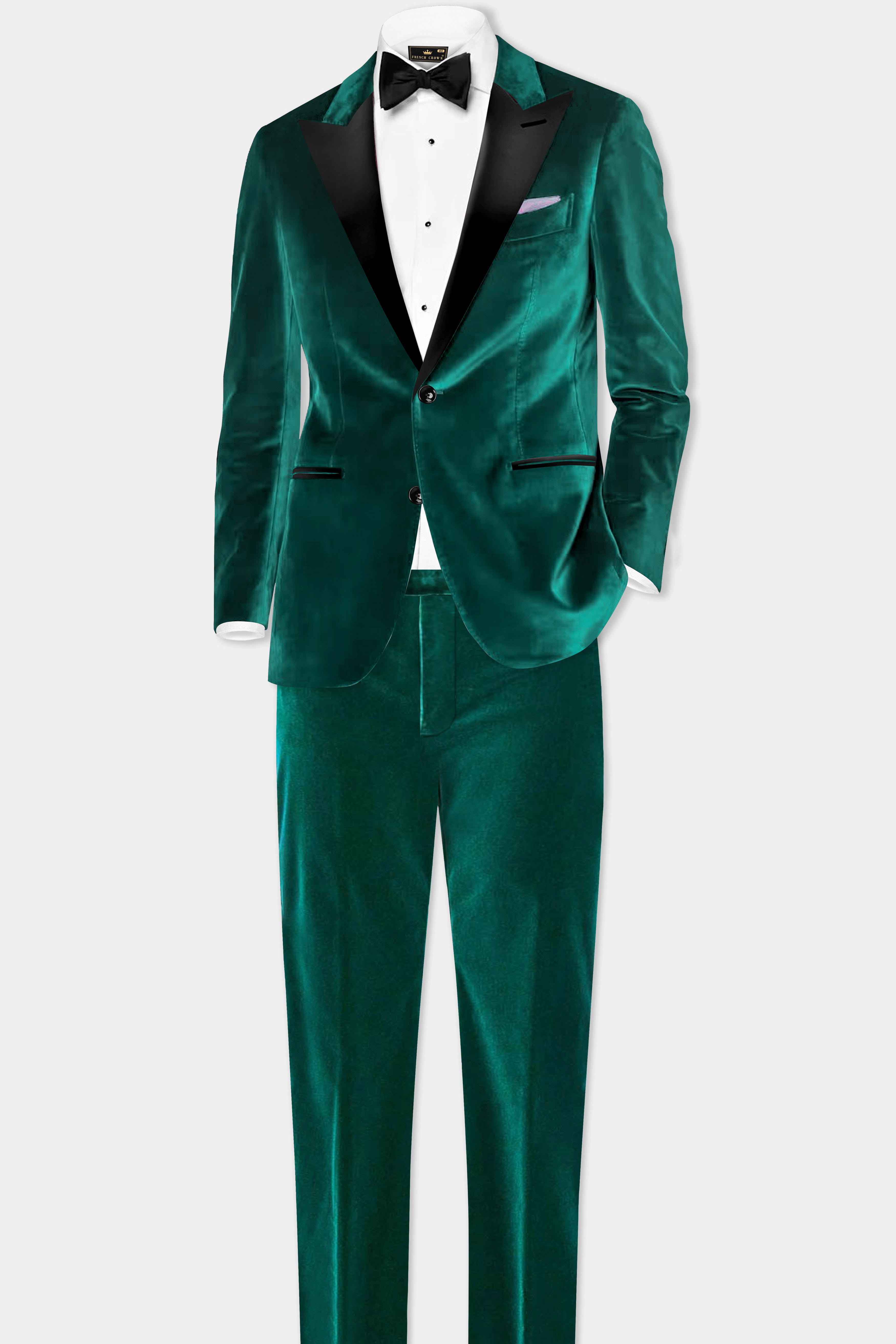 Emerald-Daintree Green Textured Velvet Peak Collar Tuxedo Suit