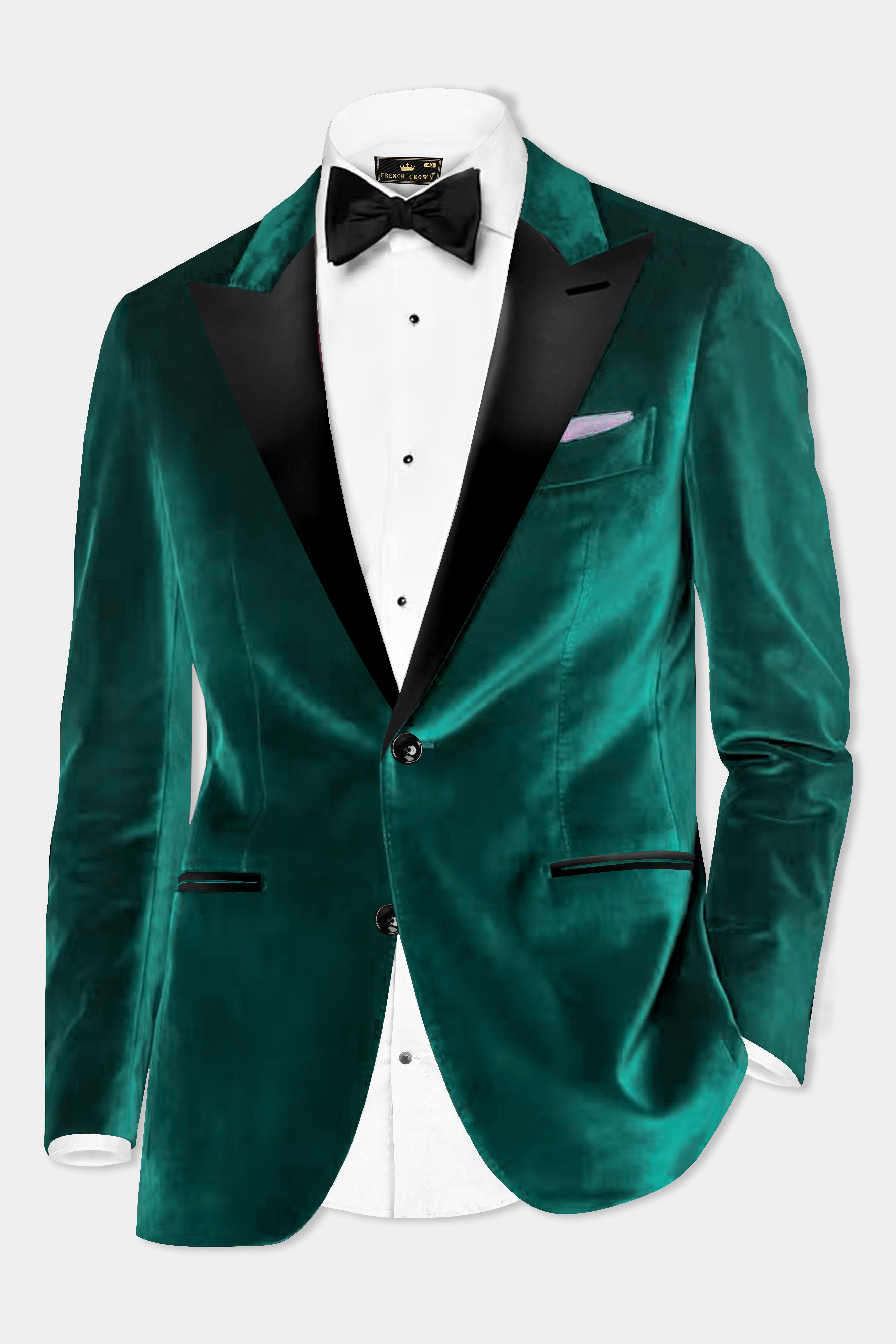 Emerald-Daintree Green Textured Velvet Peak Collar Tuxedo Suit