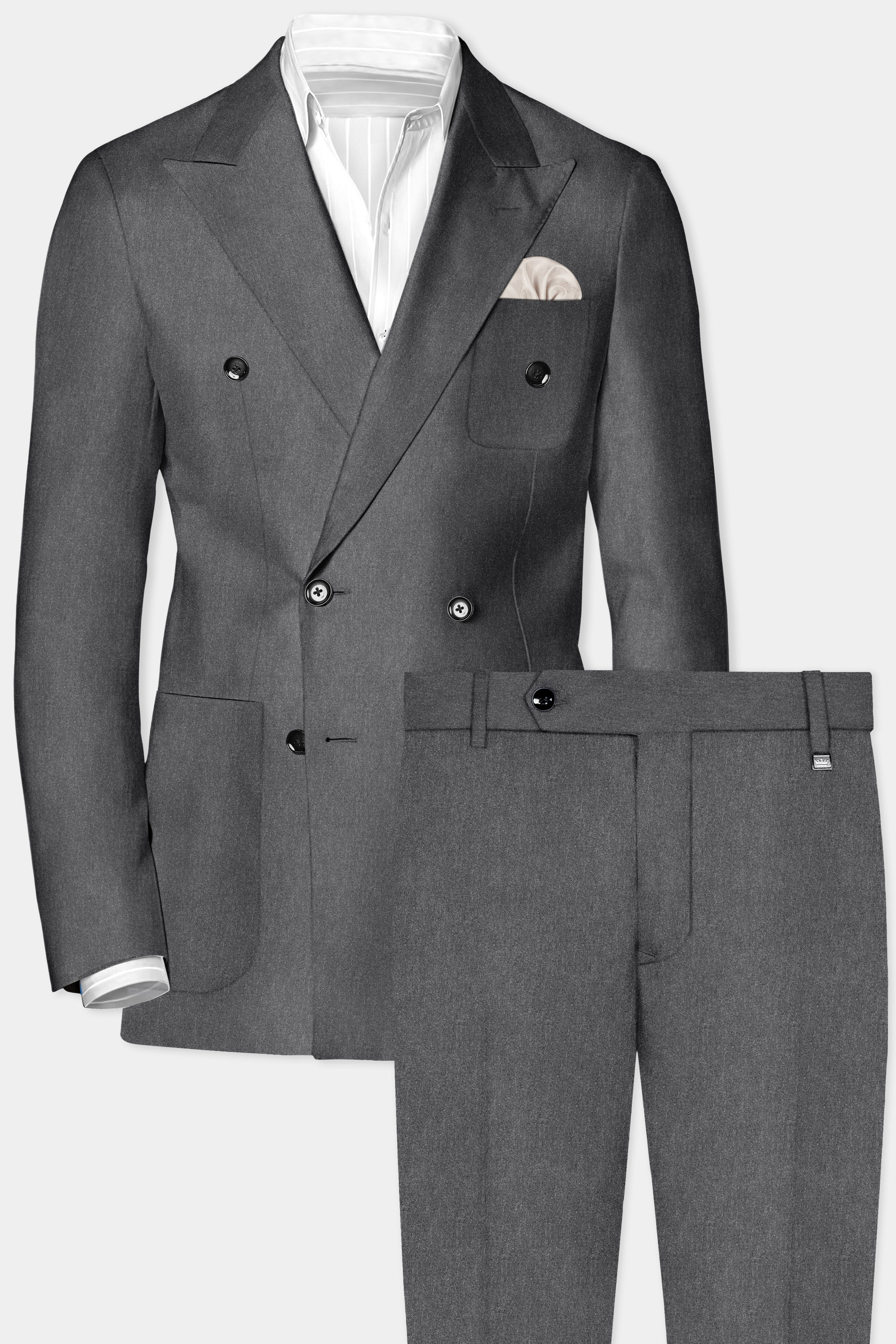 Granite-Gravel Gray Textured Cotton Double Breasted Sports Suit