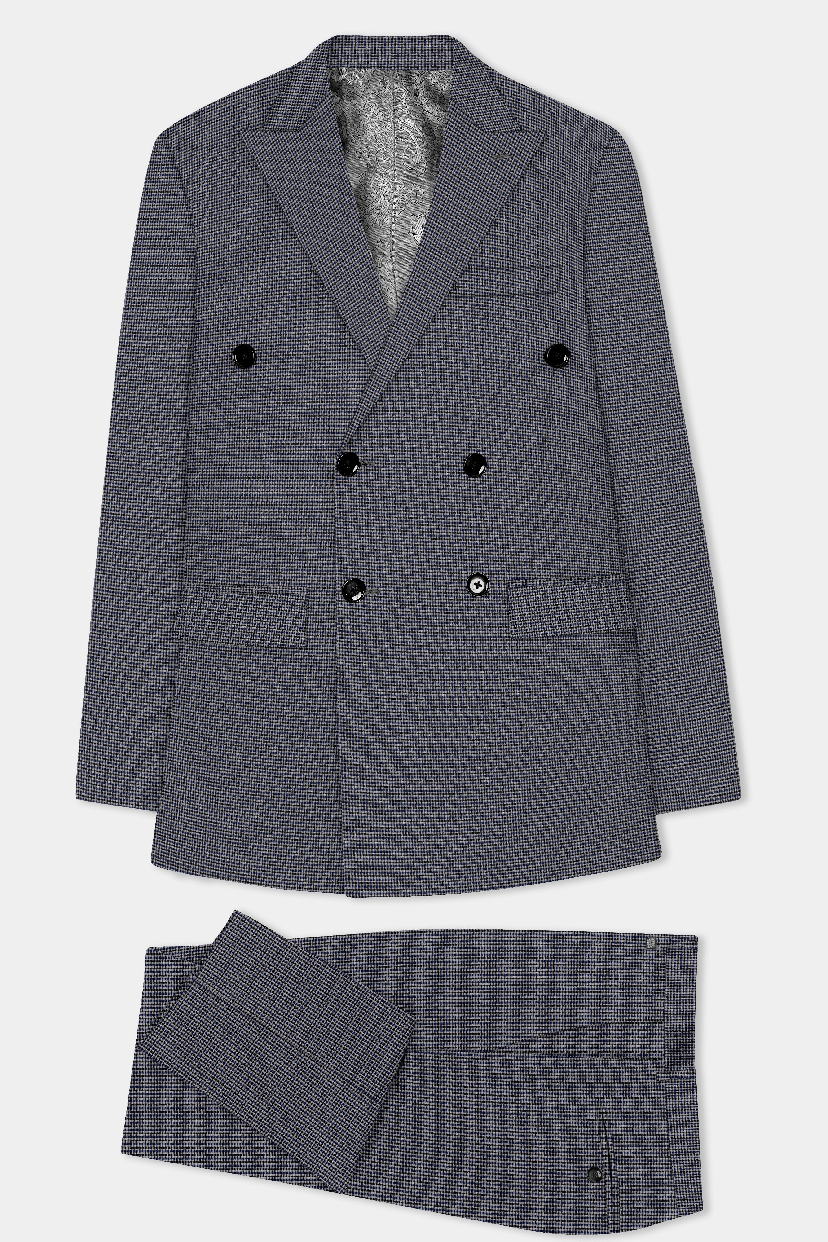 Titan-Downriver Blue And Piano Gray Gingham Checked Wool Rich Double Breasted Suit