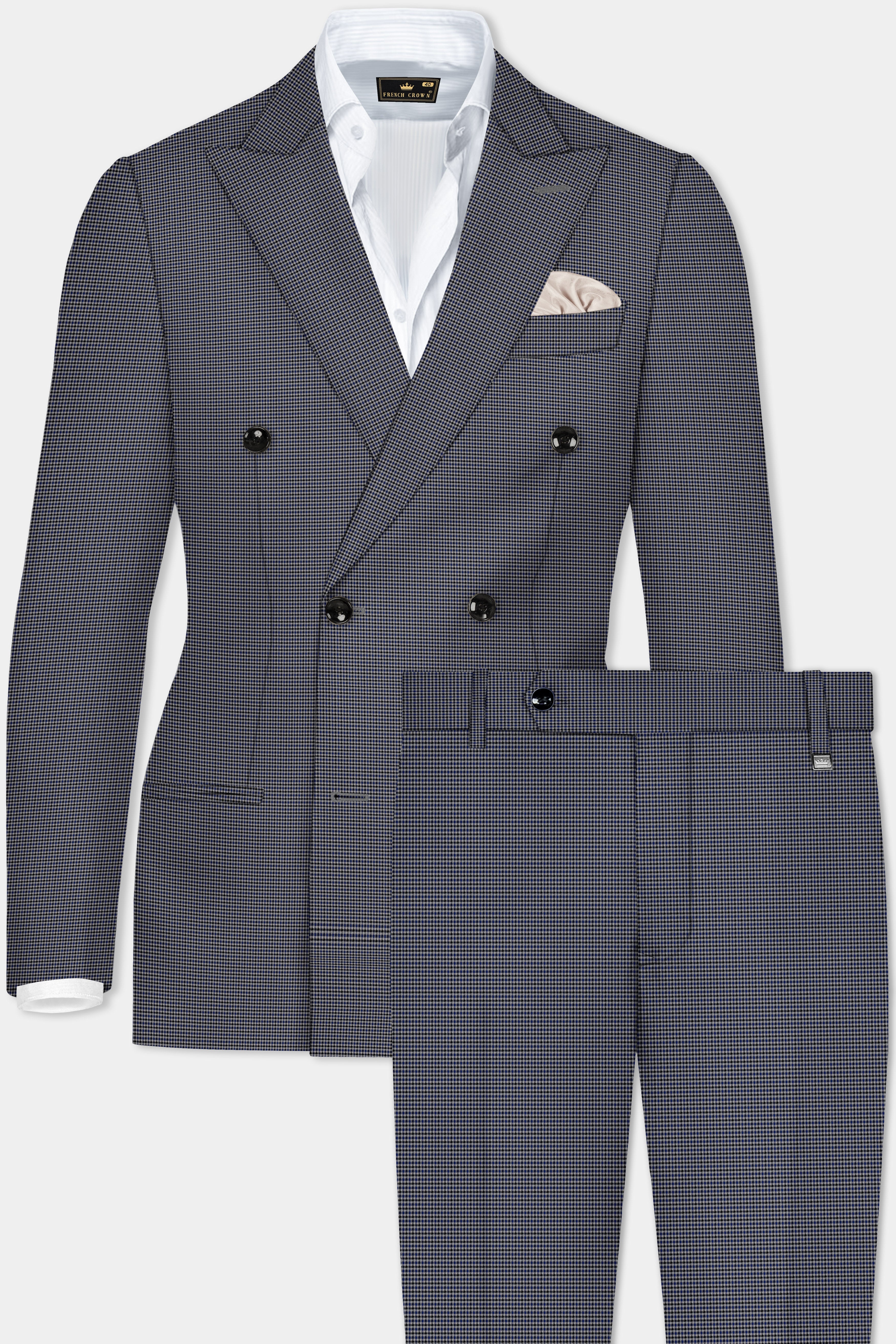 Titan-Downriver Blue And Piano Gray Gingham Checked Wool Rich Double Breasted Suit