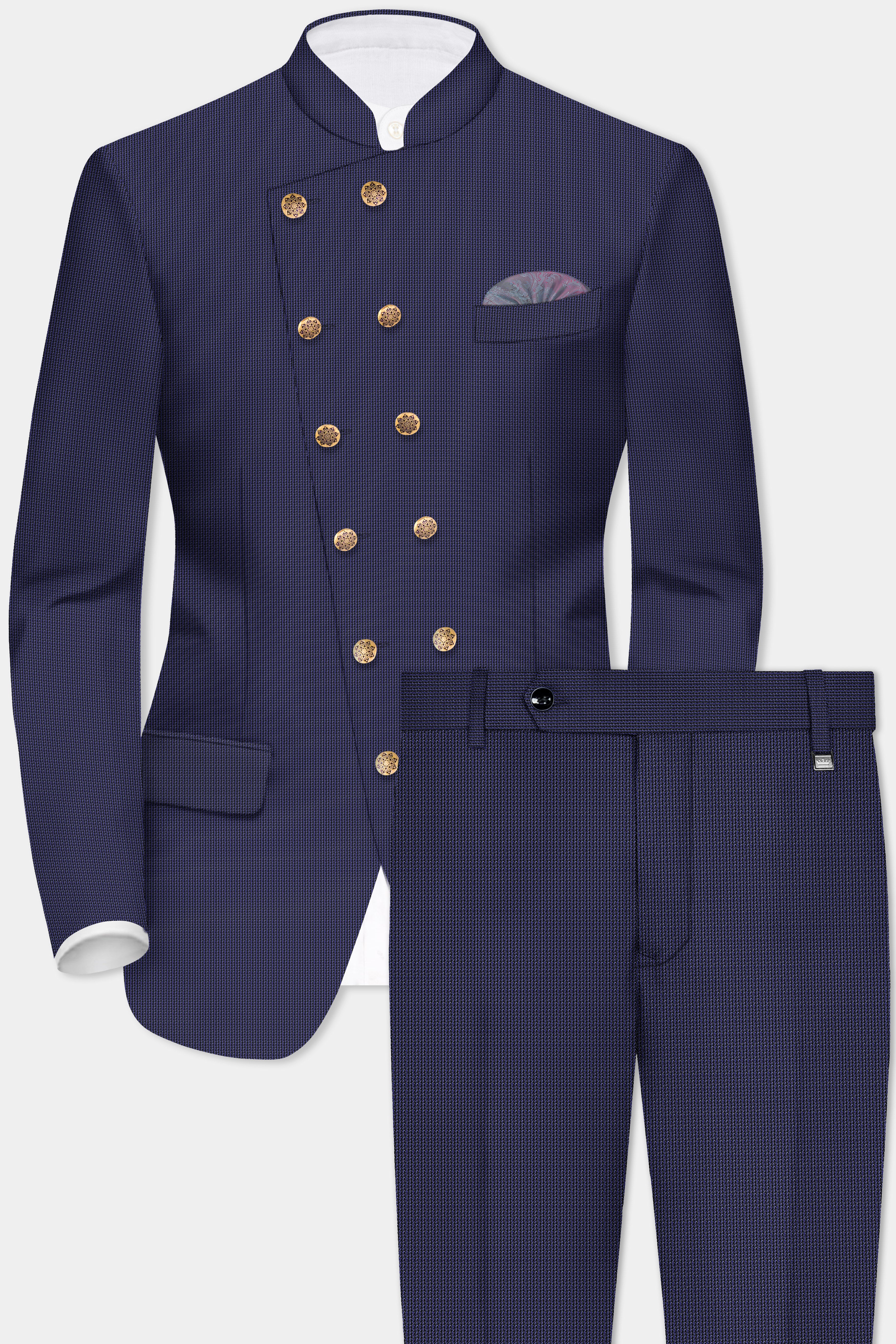 Azure Crest-Topaz Blue houndstooth Textured Wool Rich Cross Placket Bandhgala Suit