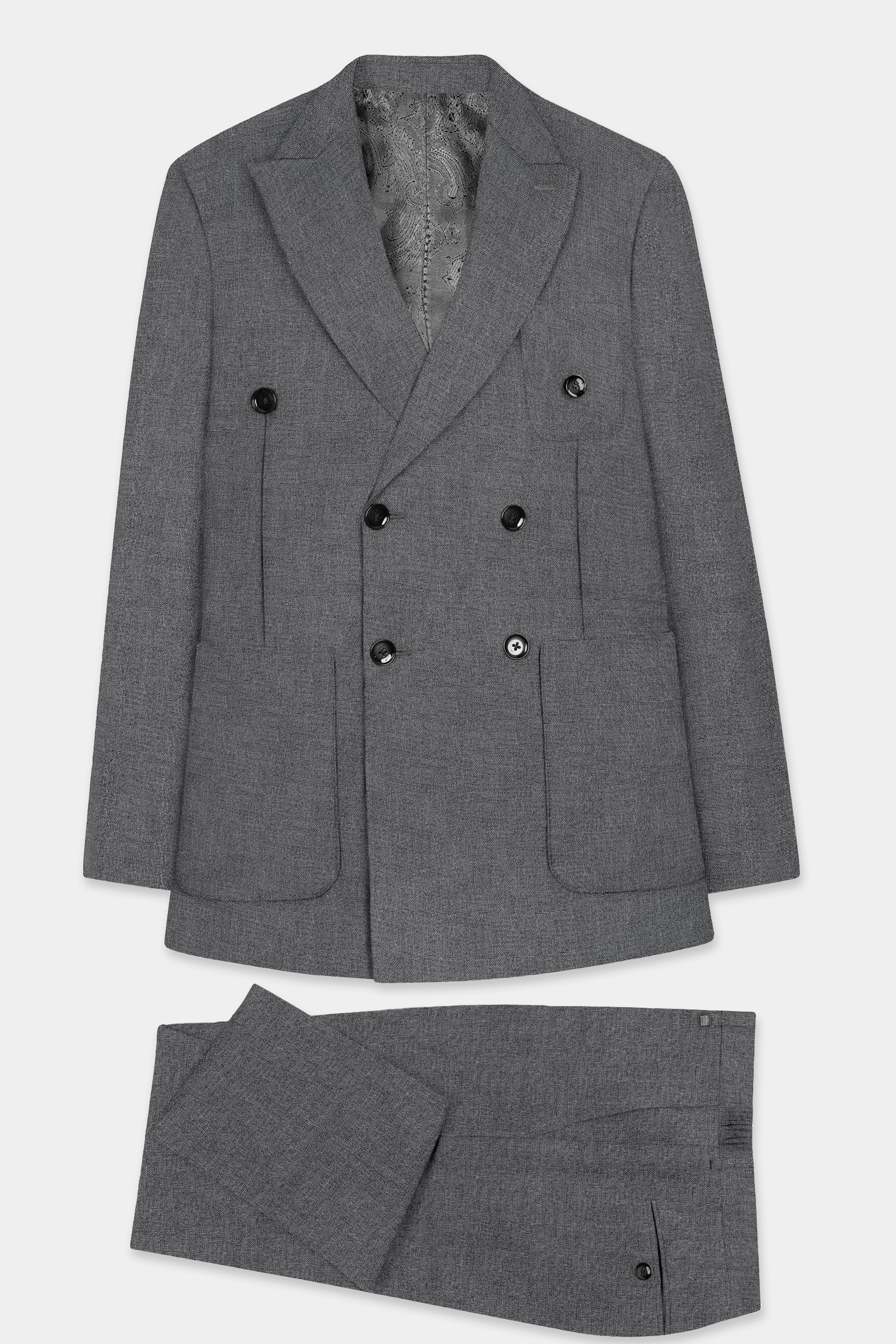 Obsidian-Vampire Gray Textured Wool Rich Double Breasted Sports Suit