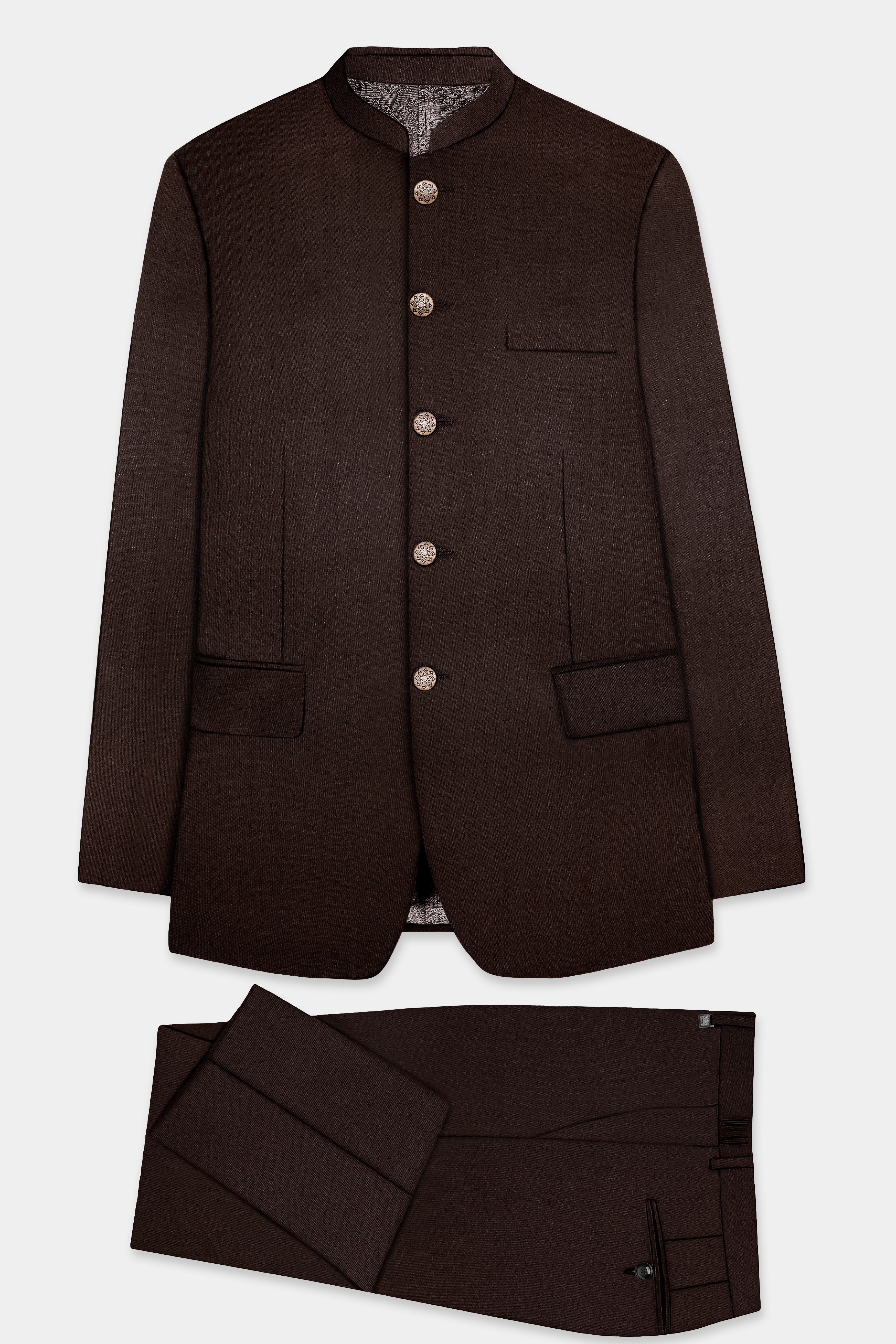 Espresso-Hickory Brown Solid Wool Rich Bandhgala Suit