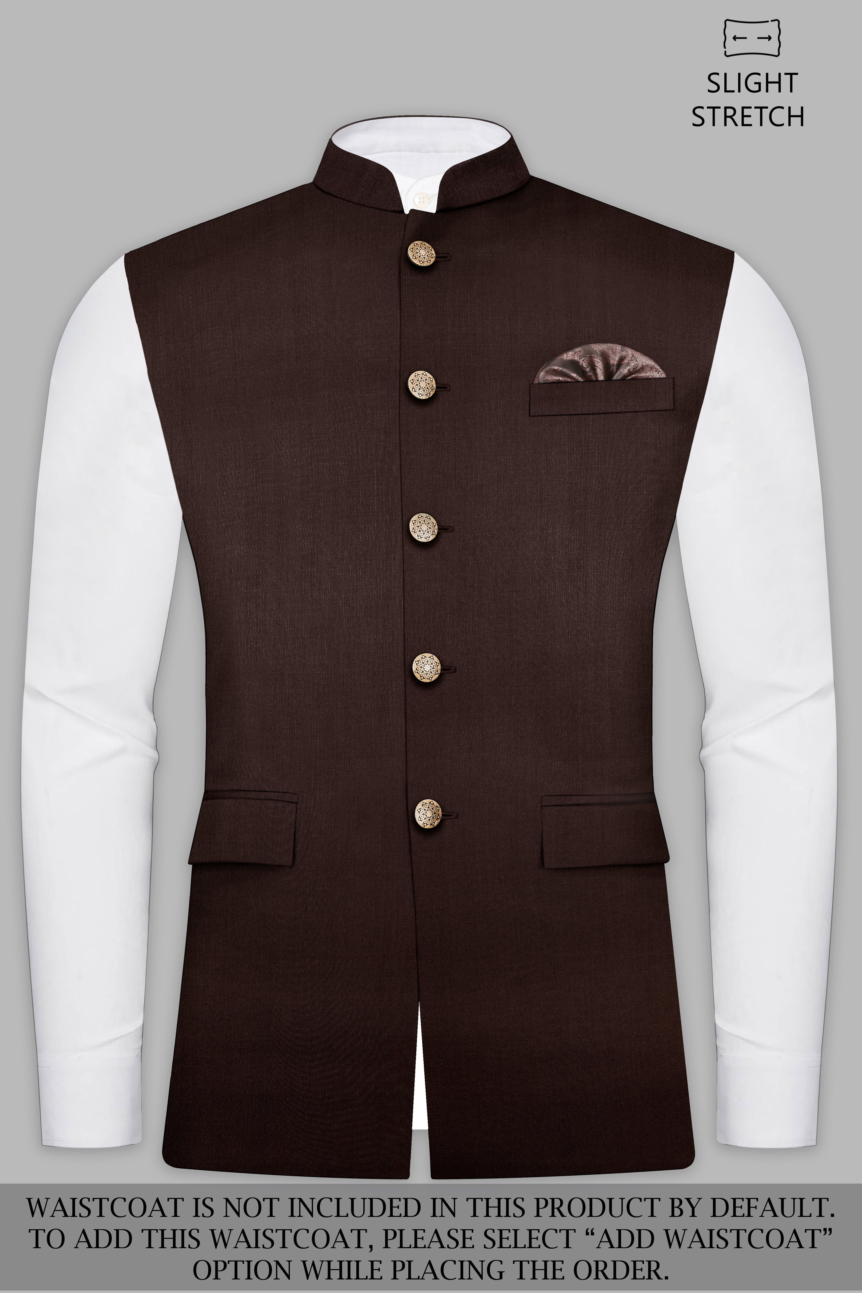 Espresso-Hickory Brown Solid Wool Rich Bandhgala Slight Stretch Suit