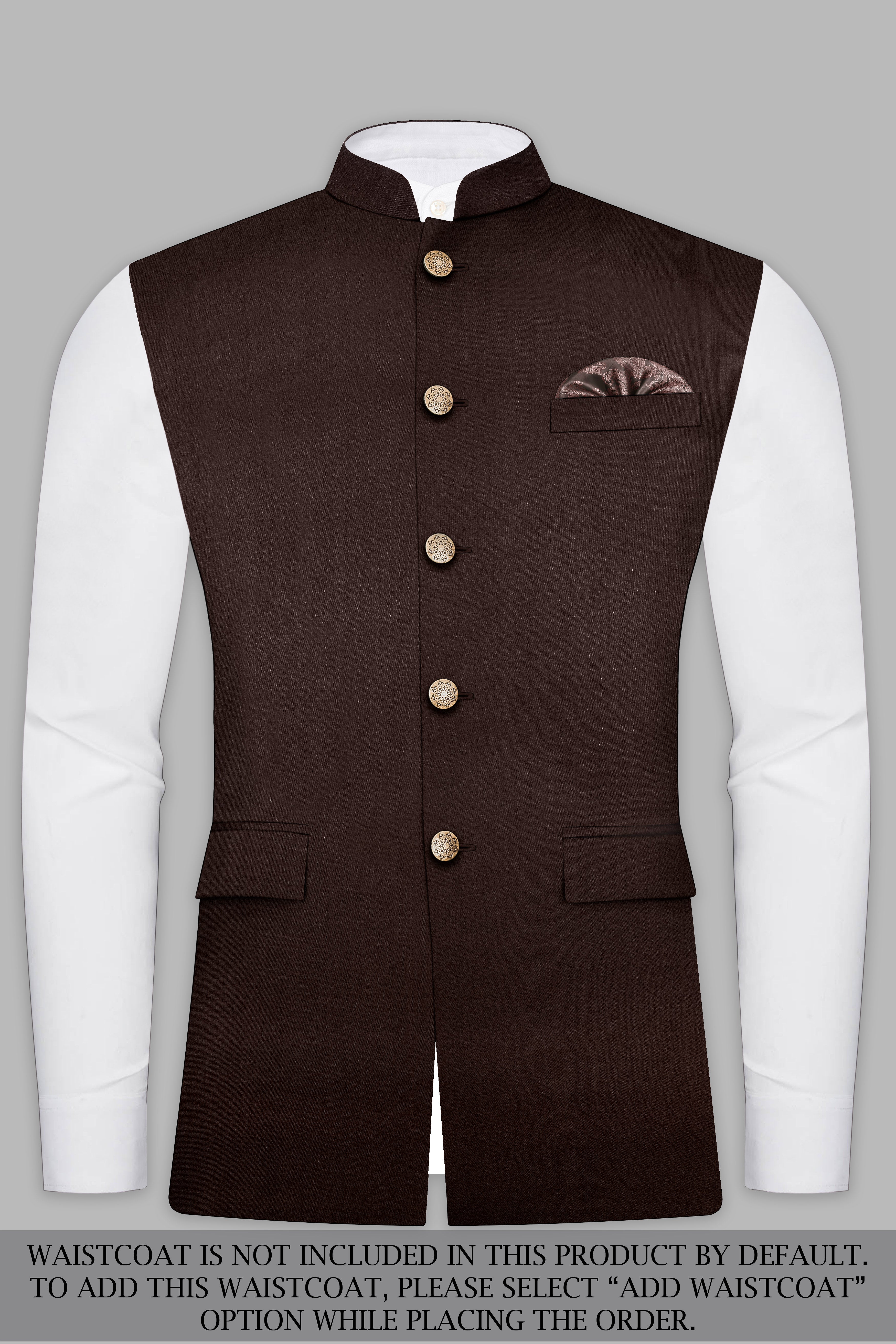 Espresso-Hickory Brown Solid Wool Rich Bandhgala Suit