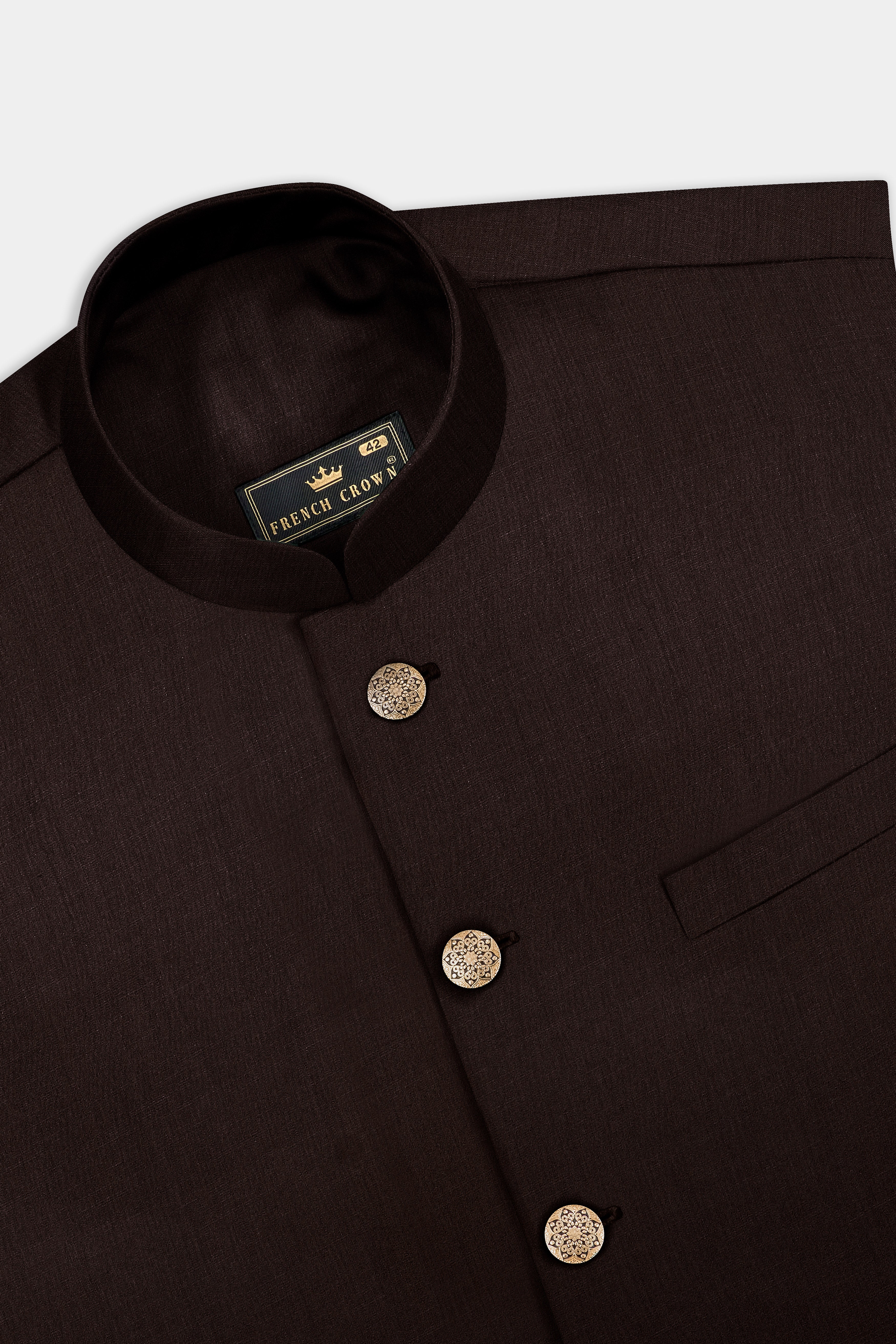 Espresso-Hickory Brown Solid Wool Rich Bandhgala Suit