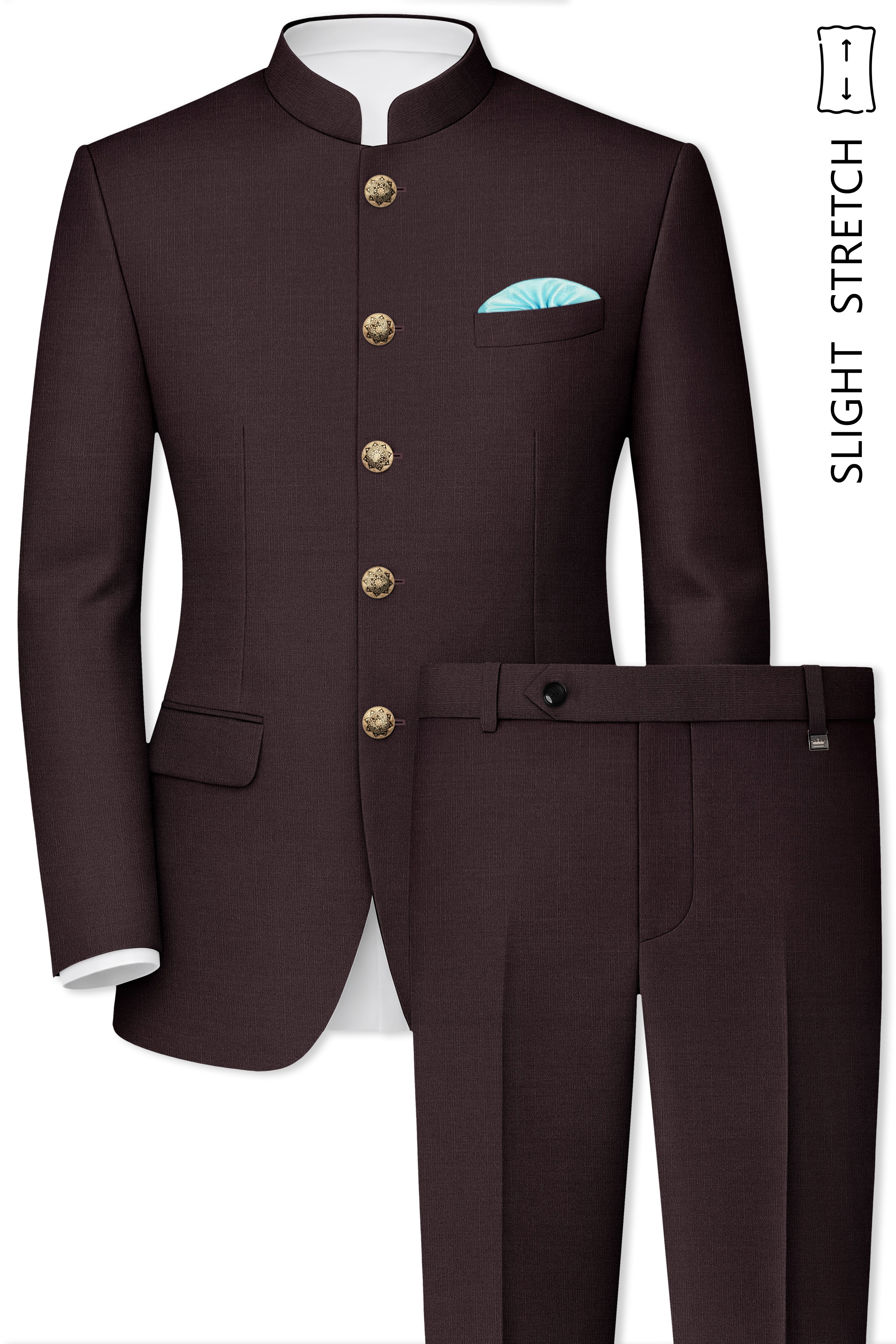 Espresso-Hickory Brown Solid Wool Rich Bandhgala Slight Stretch Suit