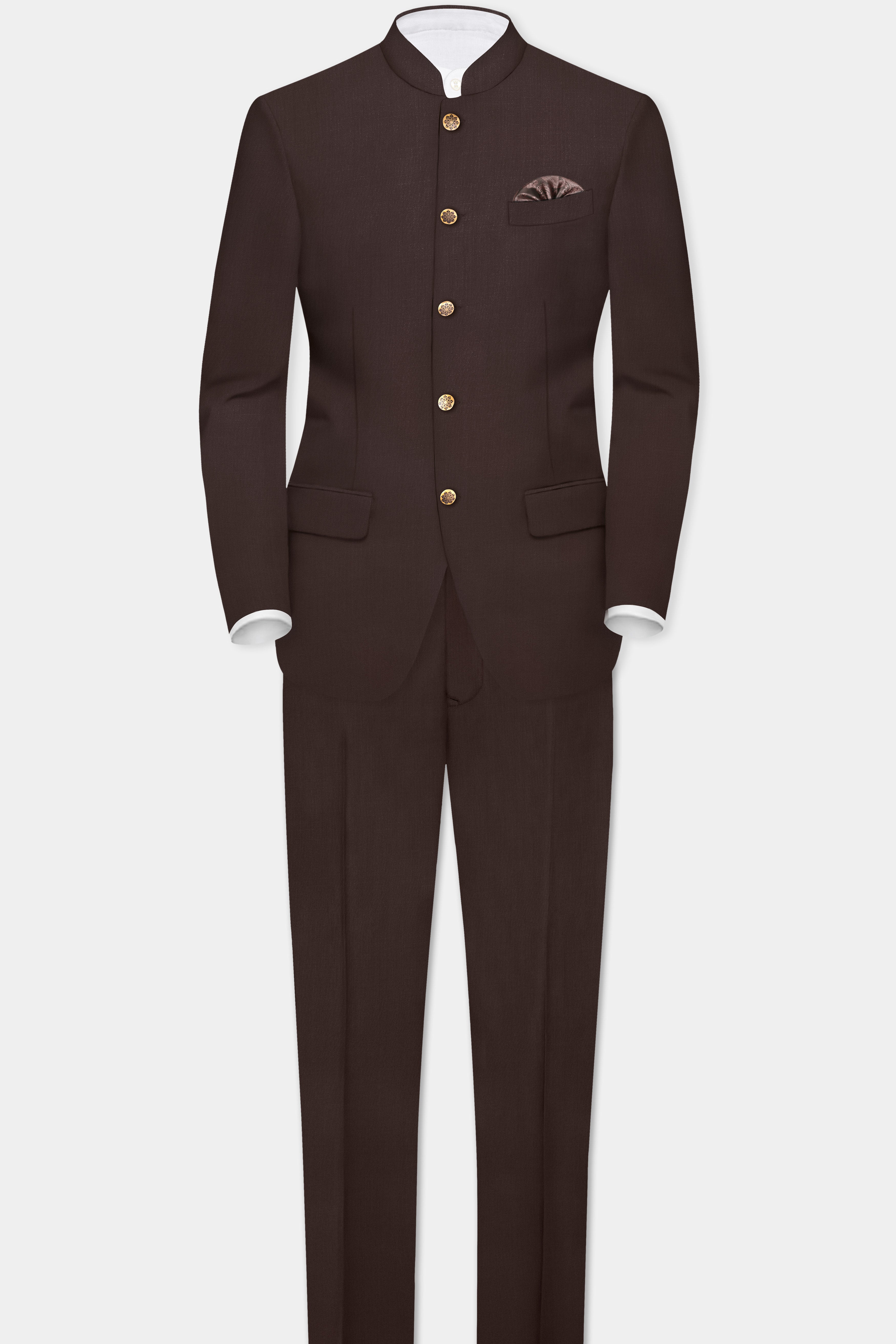 Espresso-Hickory Brown Solid Wool Rich Bandhgala Suit