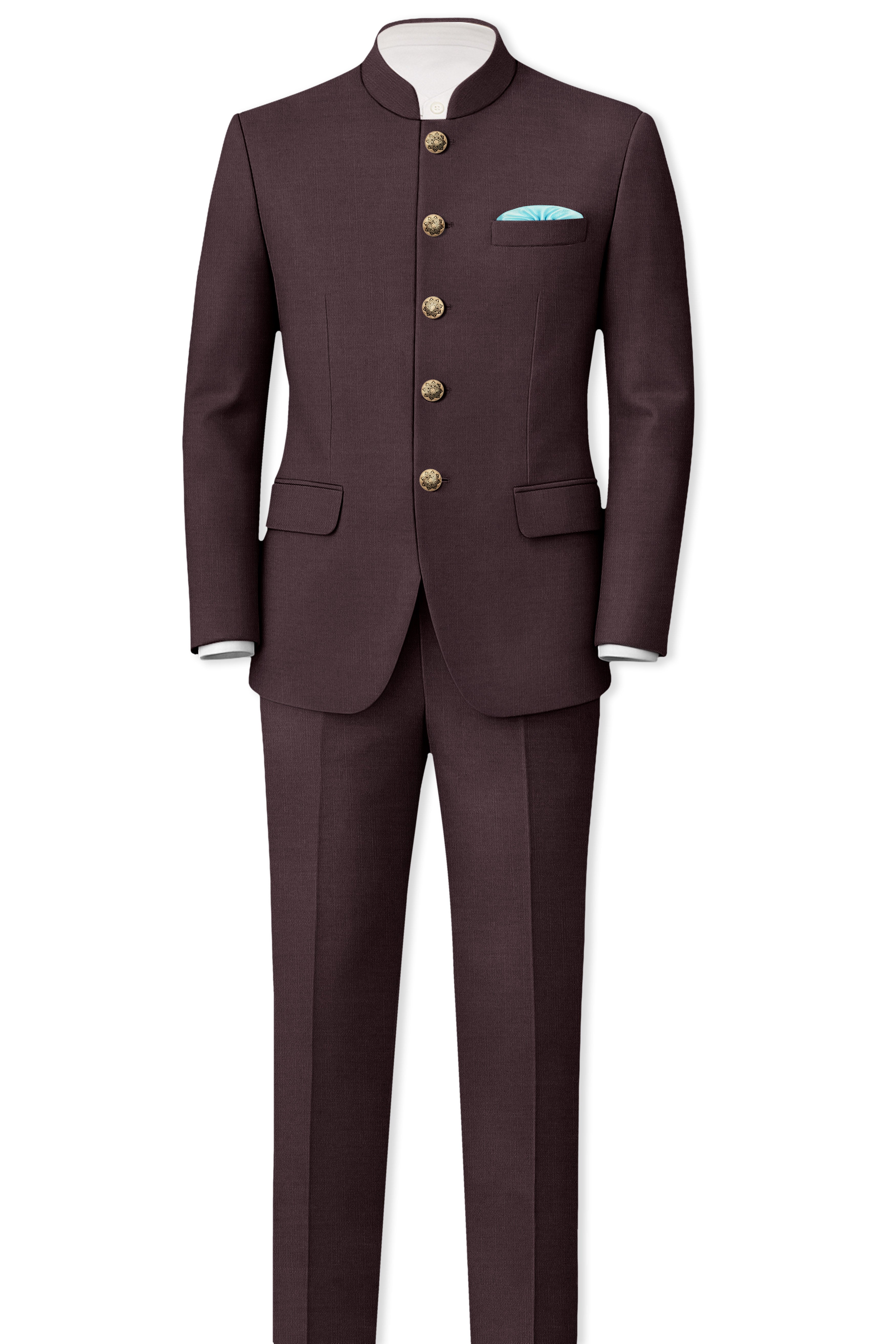 Espresso-Hickory Brown Solid Wool Rich Bandhgala Slight Stretch Suit
