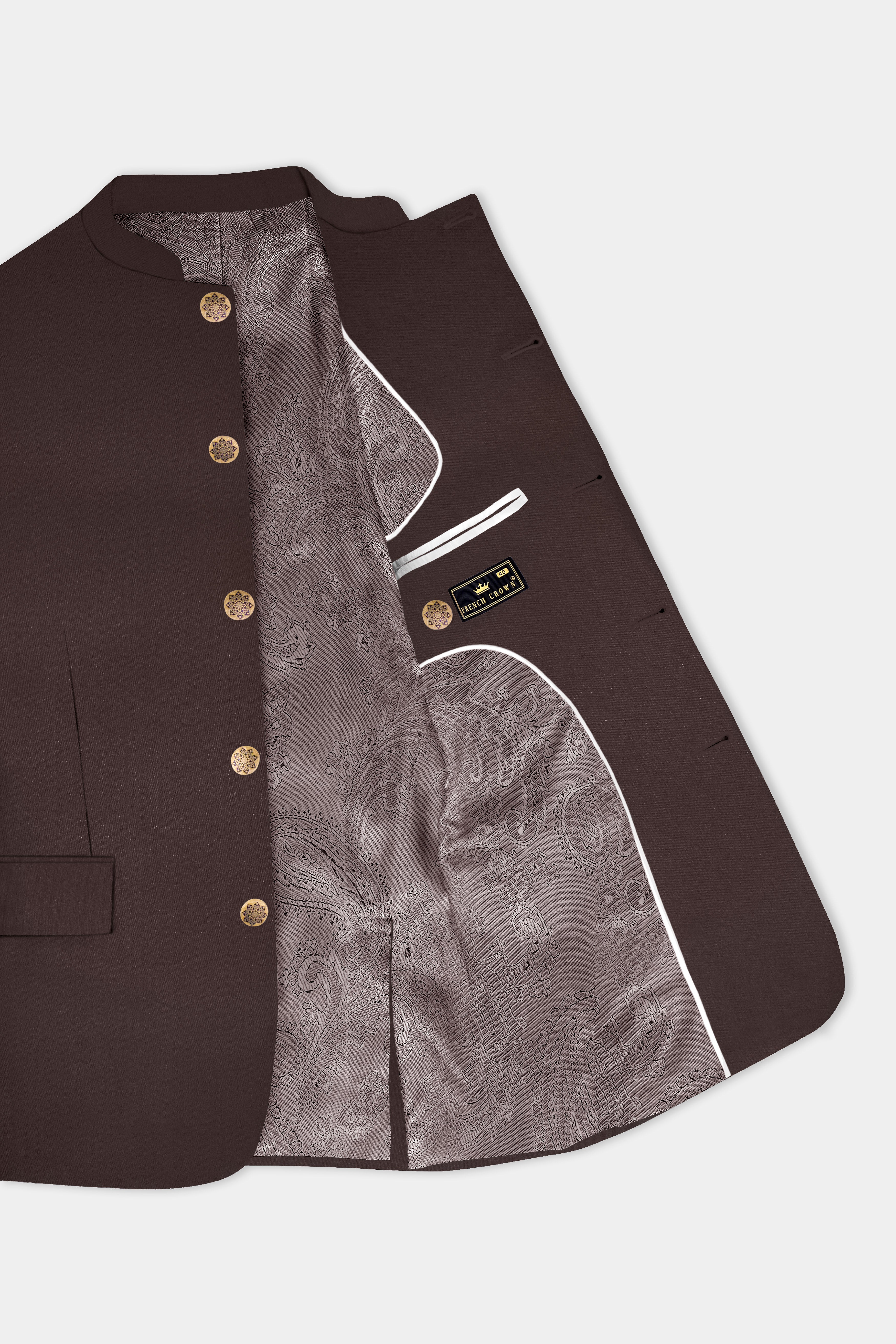 Espresso-Hickory Brown Solid Wool Rich Bandhgala Suit