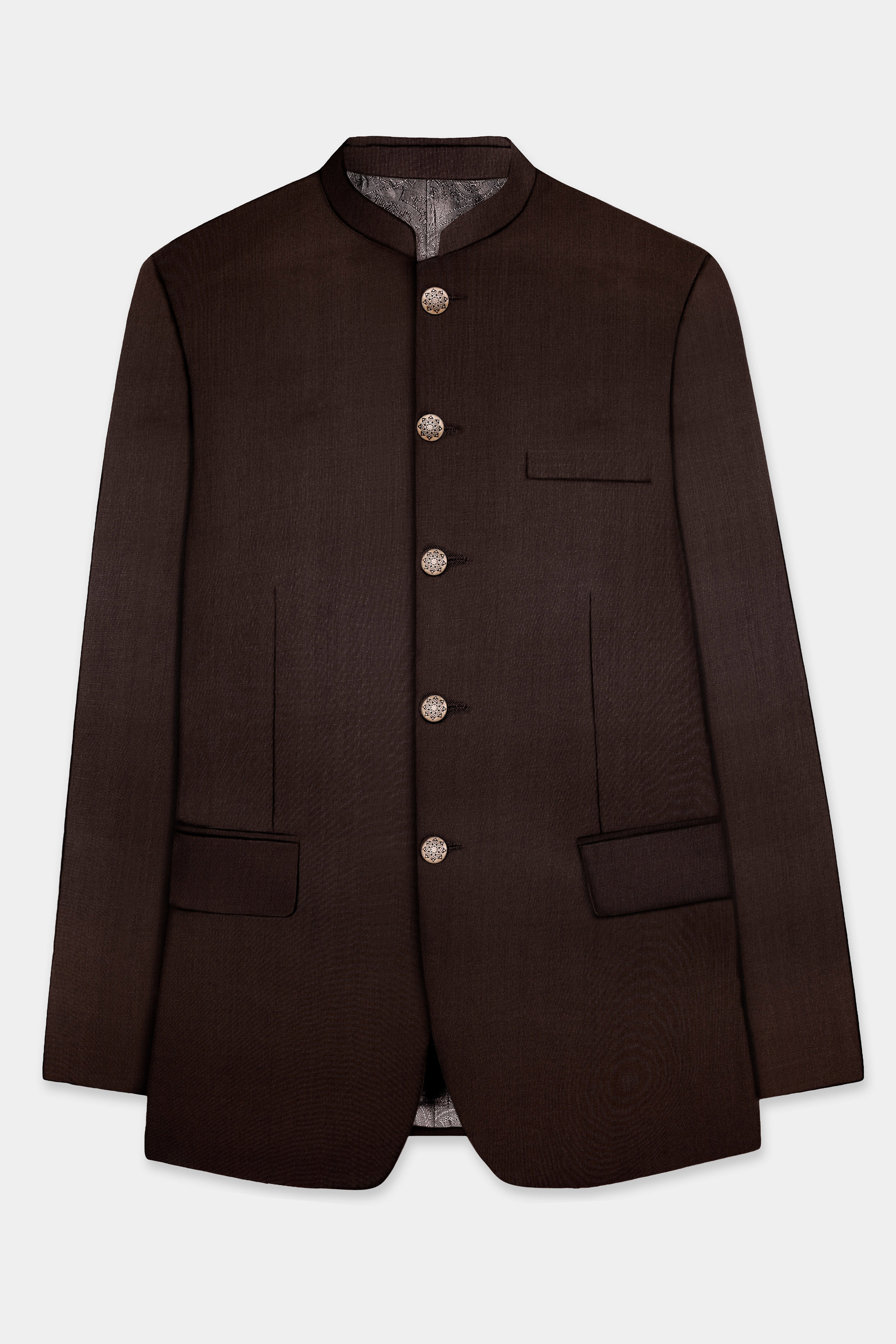 Espresso-Hickory Brown Solid Wool Rich Bandhgala Suit