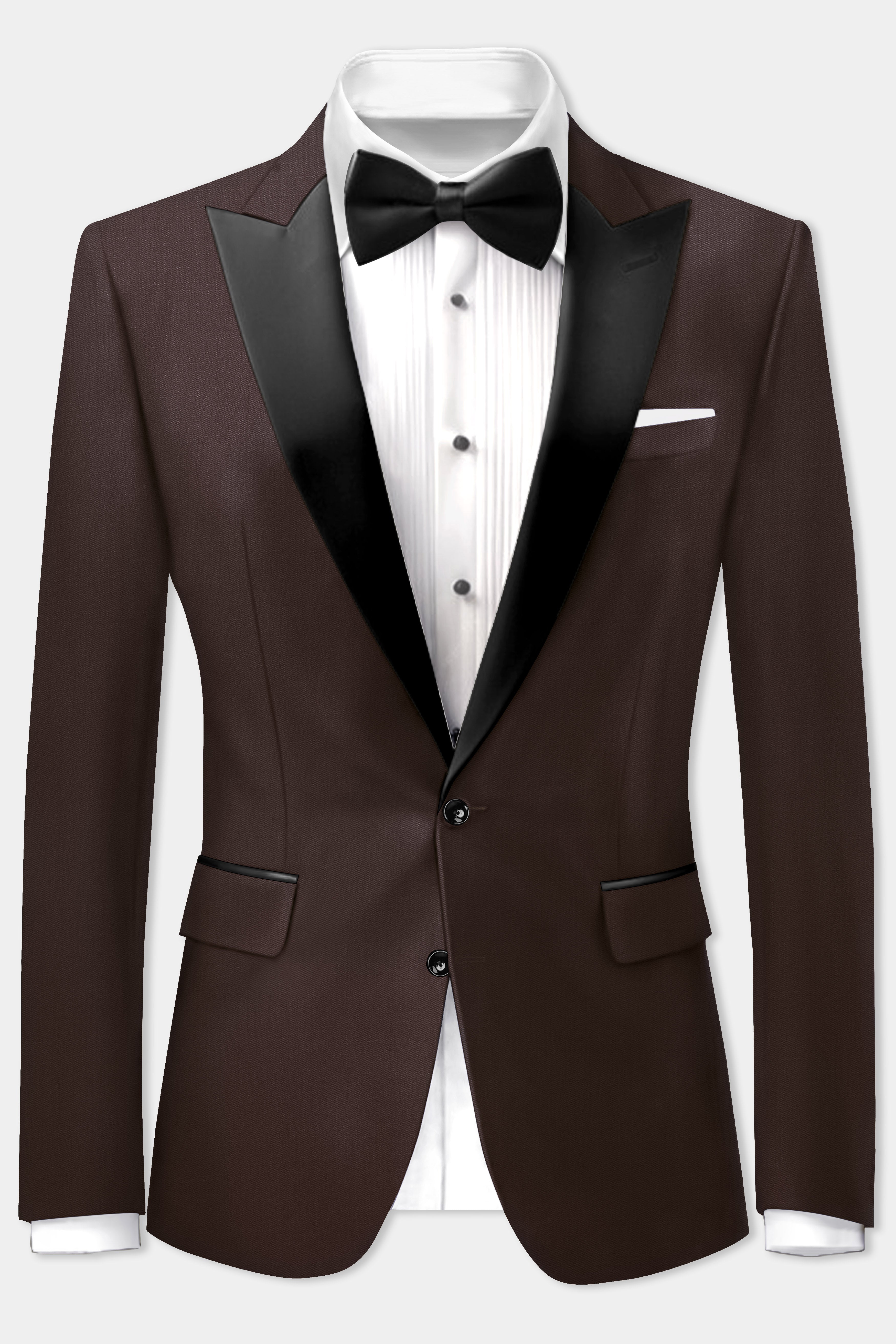 Espresso-Hickory Brown Solid Wool Rich Peak Lapel Tuxedo Suit