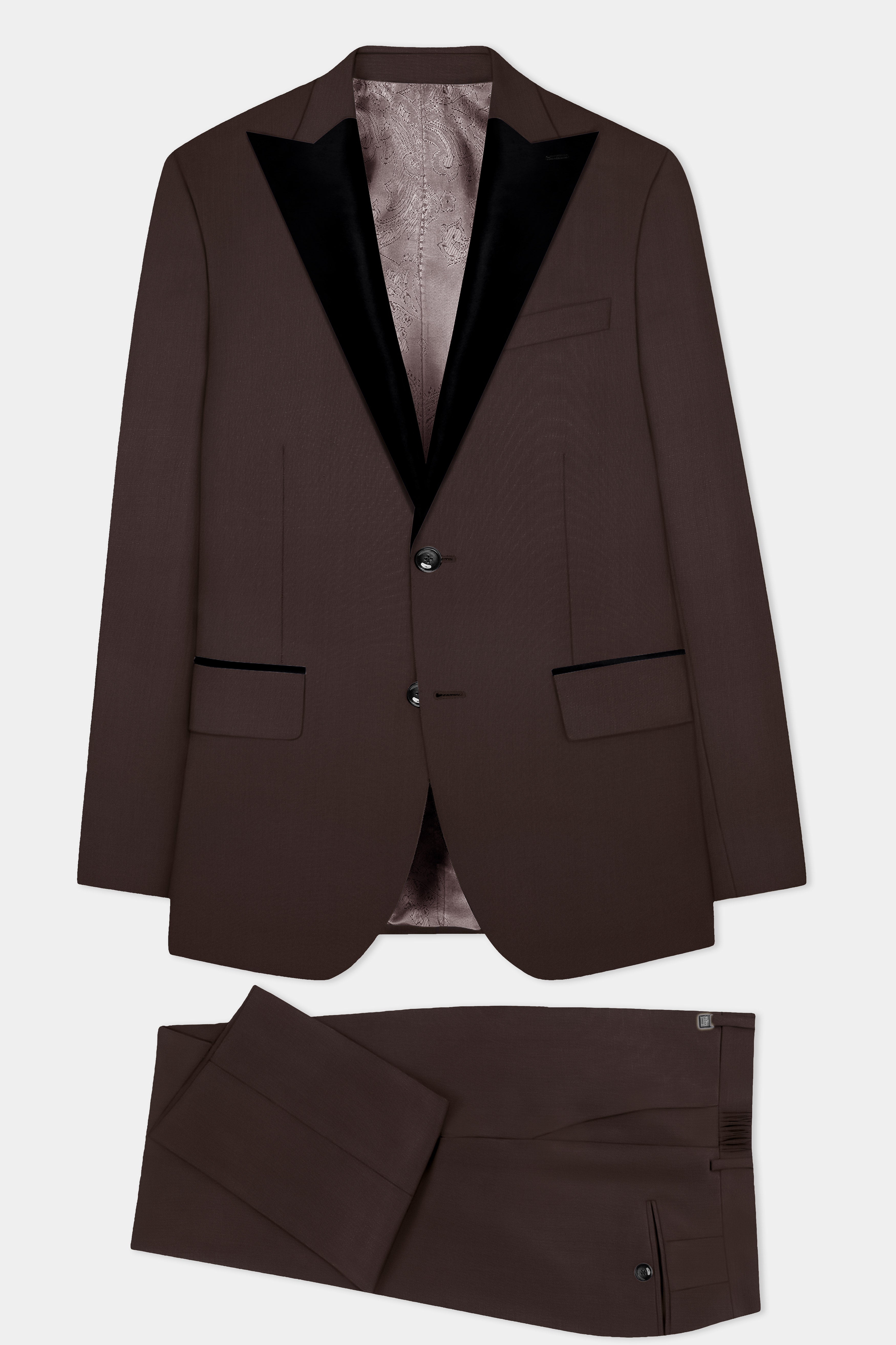 Espresso-Hickory Brown Solid Wool Rich Peak Lapel Tuxedo Suit