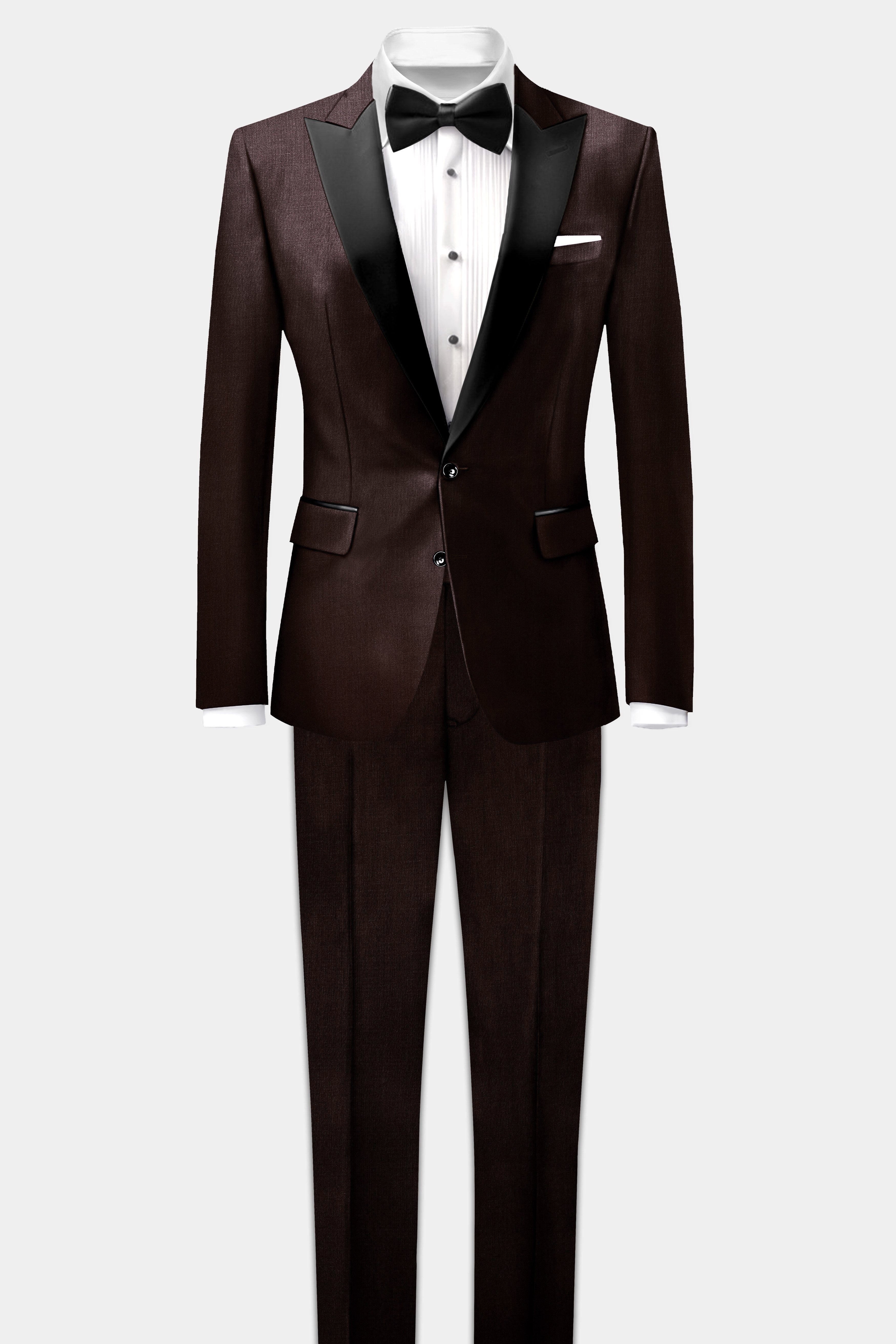 Espresso-Hickory Brown Solid Wool Rich Peak Lapel Tuxedo Slight Stretch Suit