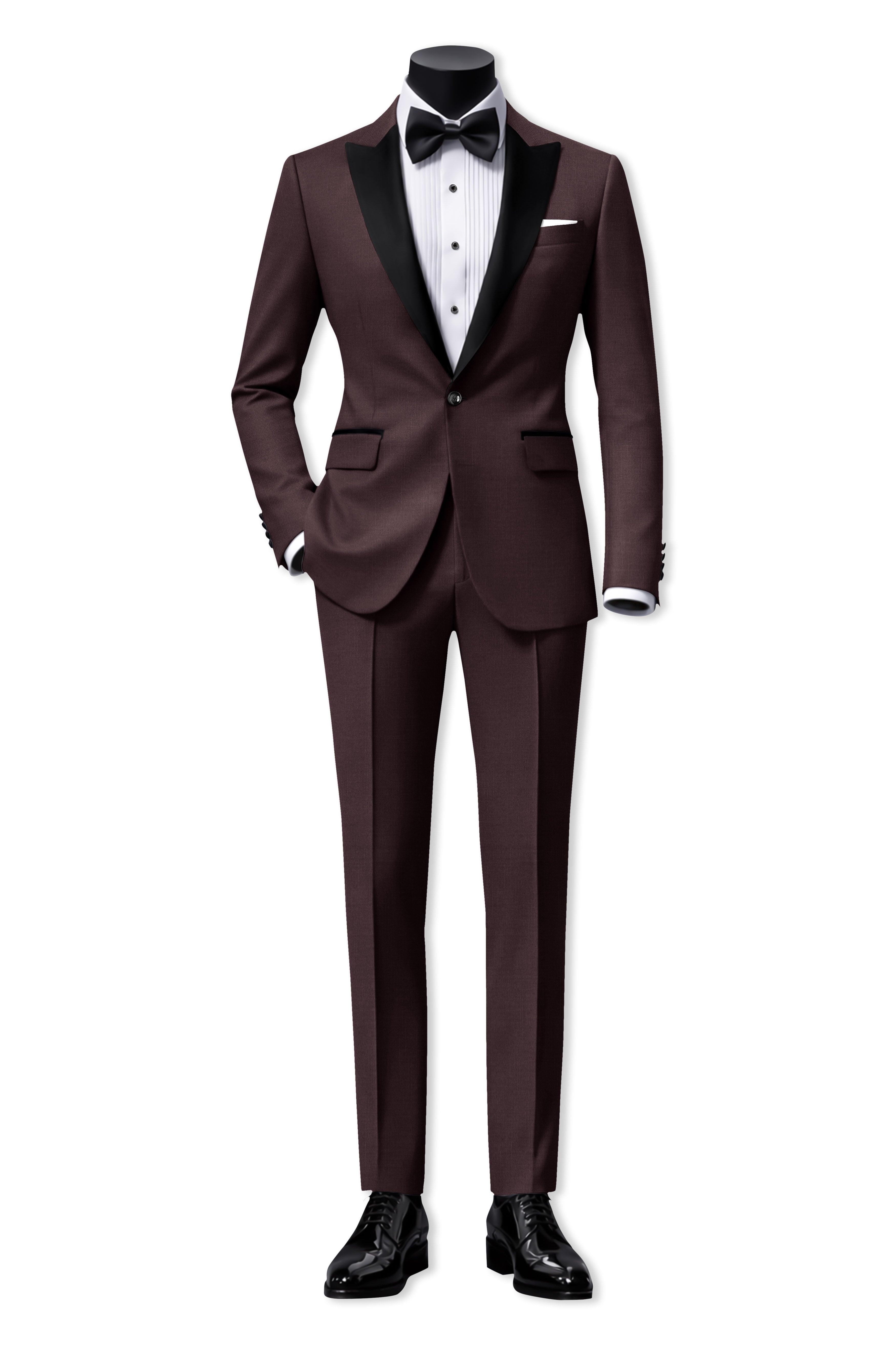 Espresso-Hickory Brown Solid Wool Rich Peak Lapel Tuxedo Slight Stretch Suit