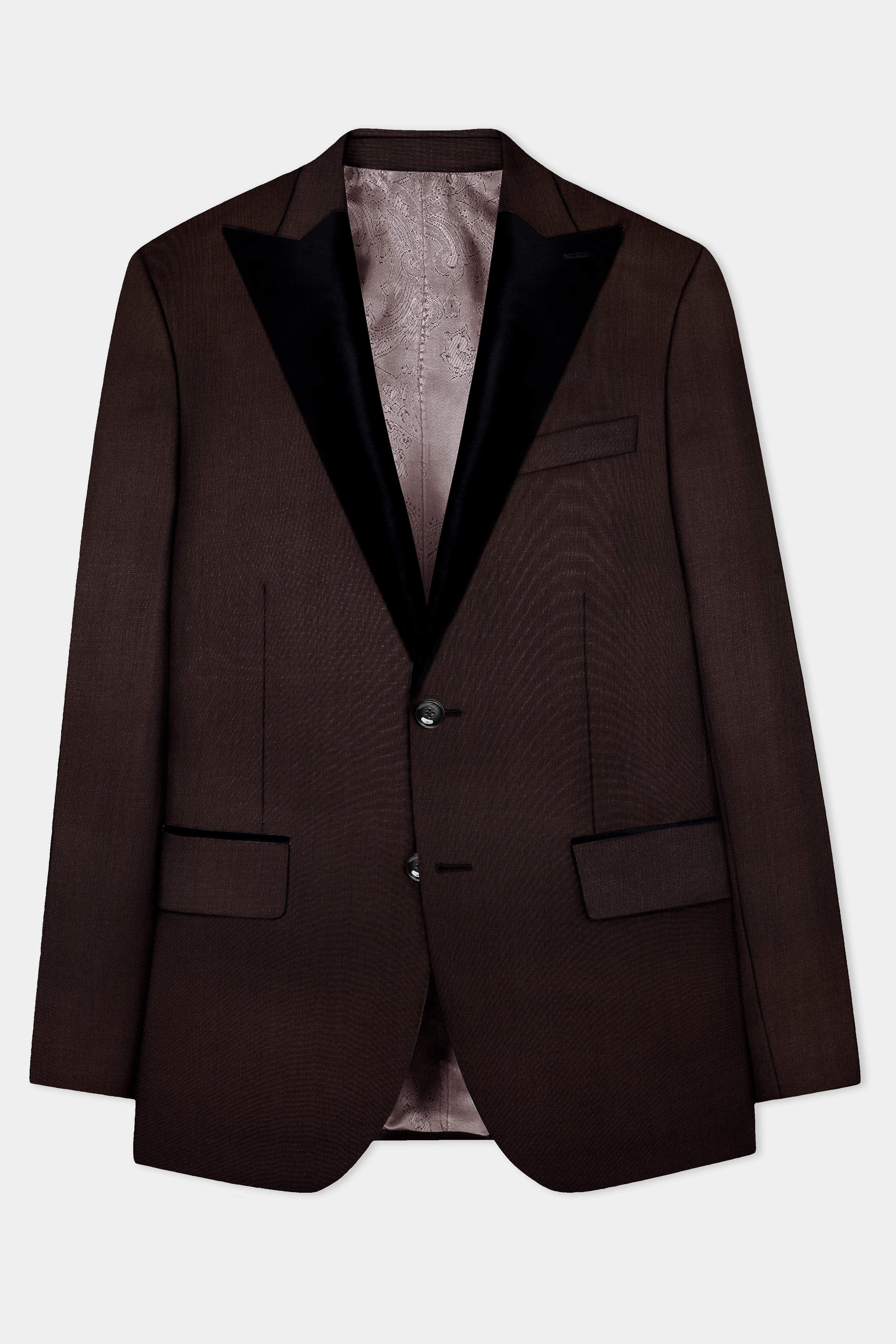 Espresso-Hickory Brown Solid Wool Rich Peak Lapel Tuxedo Slight Stretch Suit