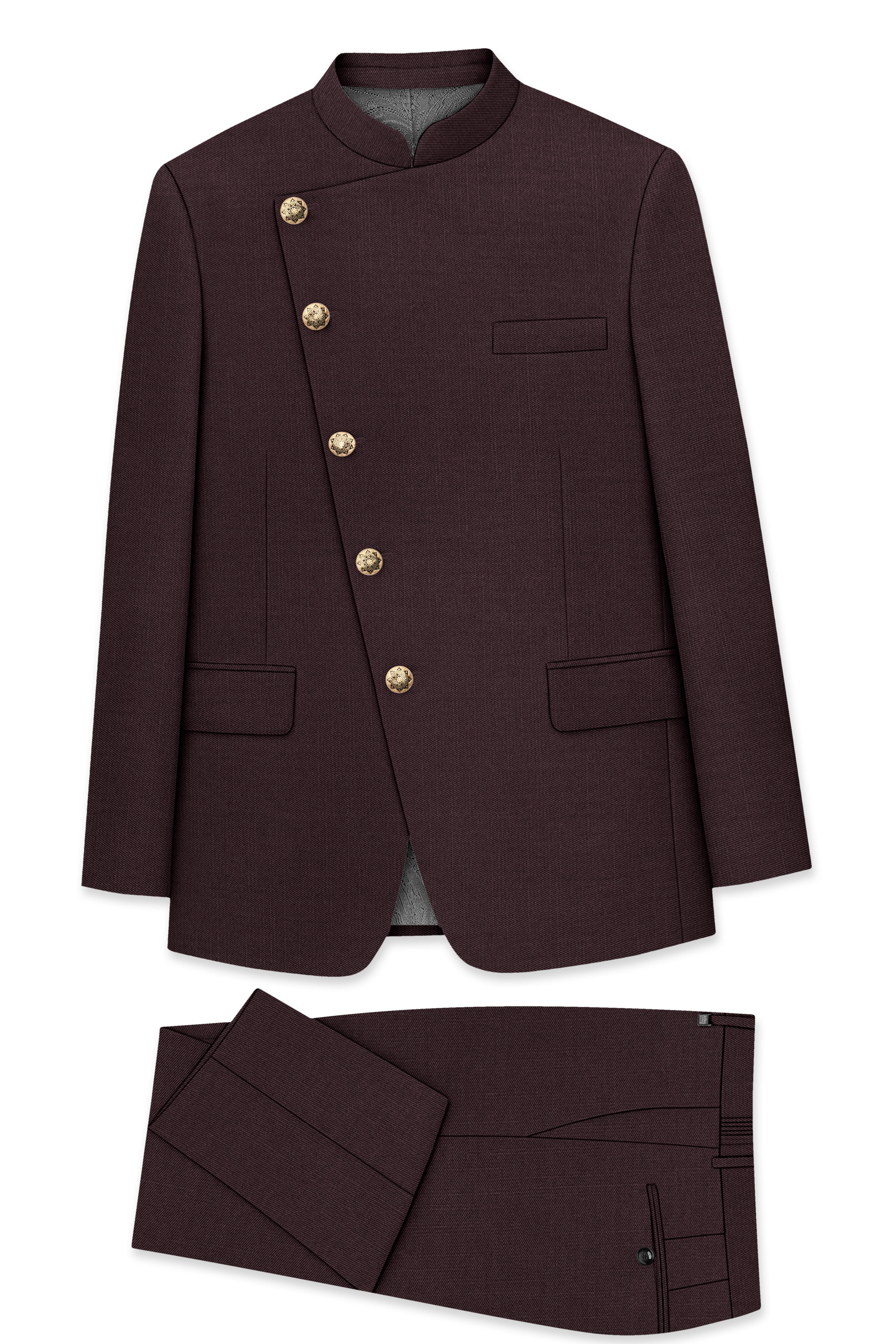 Espresso-Hickory Brown Solid Wool Rich Cross Placket Bandhgala Slight Stretch Suit