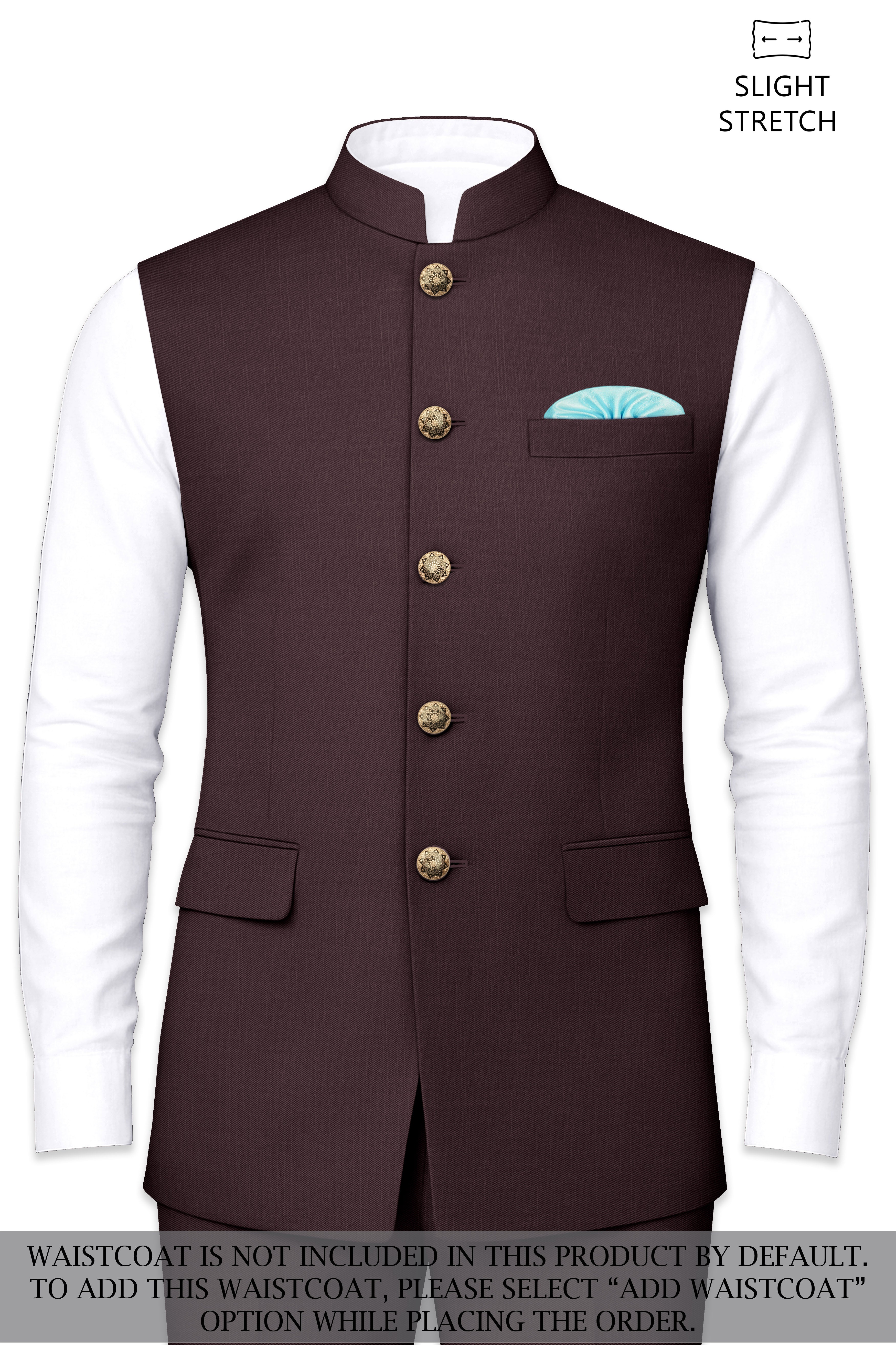 Espresso-Hickory Brown Solid Wool Rich Cross Placket Bandhgala Slight Stretch Suit