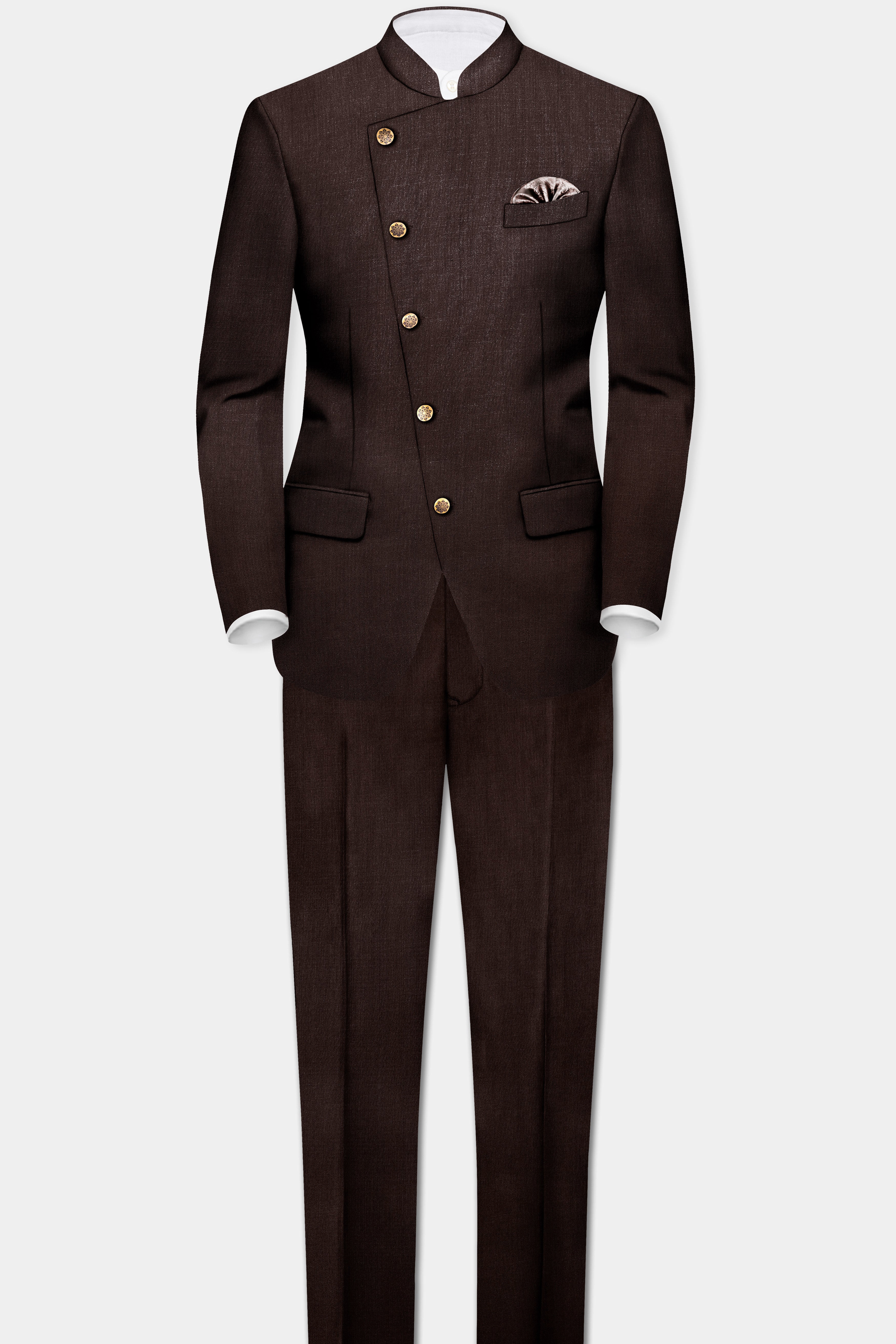 Espresso-Hickory Brown Solid Wool Rich Cross Placket Bandhgala Slight Stretch Suit