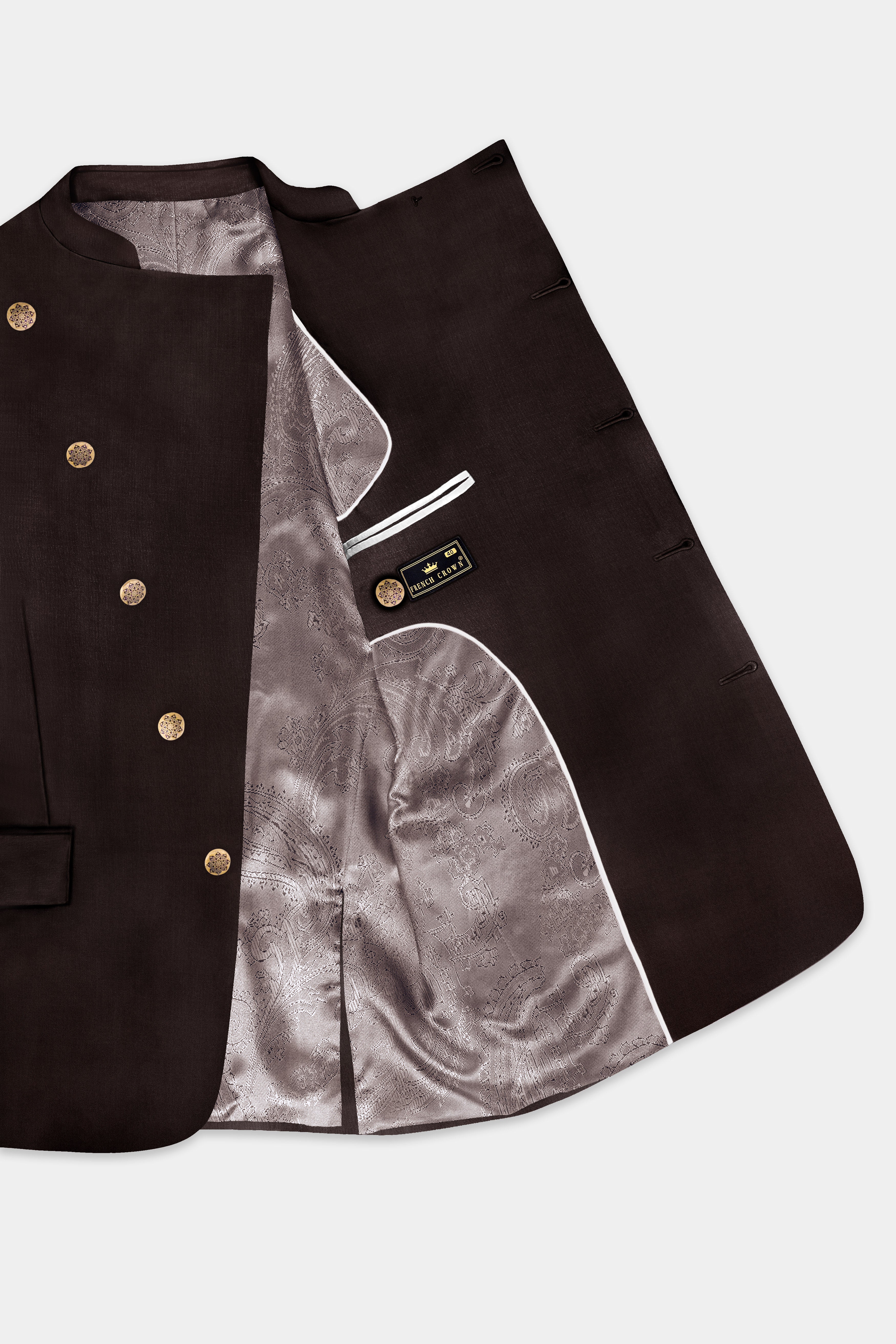 Espresso-Hickory Brown Solid Wool Rich Cross Placket Bandhgala Slight Stretch Suit
