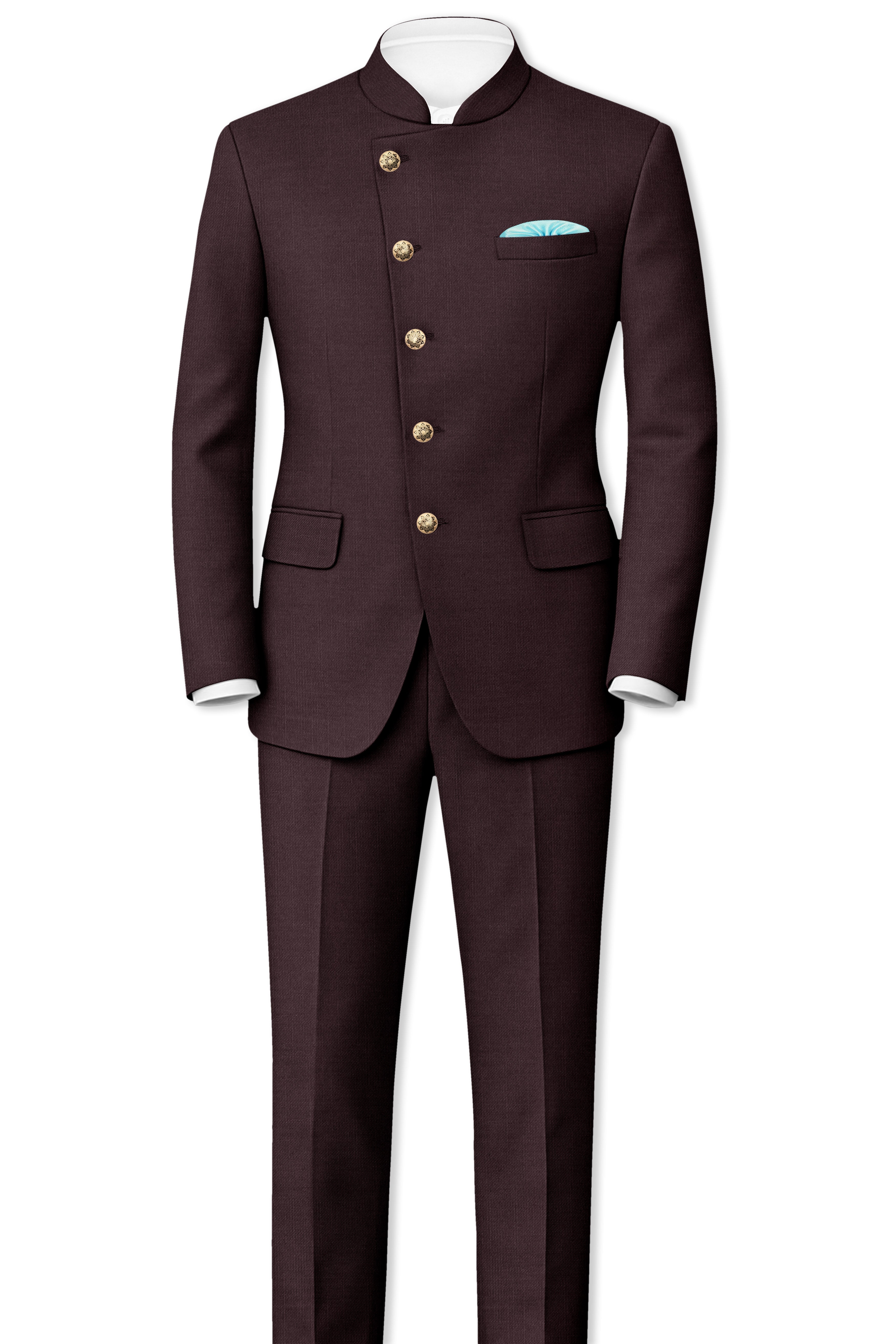 Espresso-Hickory Brown Solid Wool Rich Cross Placket Bandhgala Slight Stretch Suit