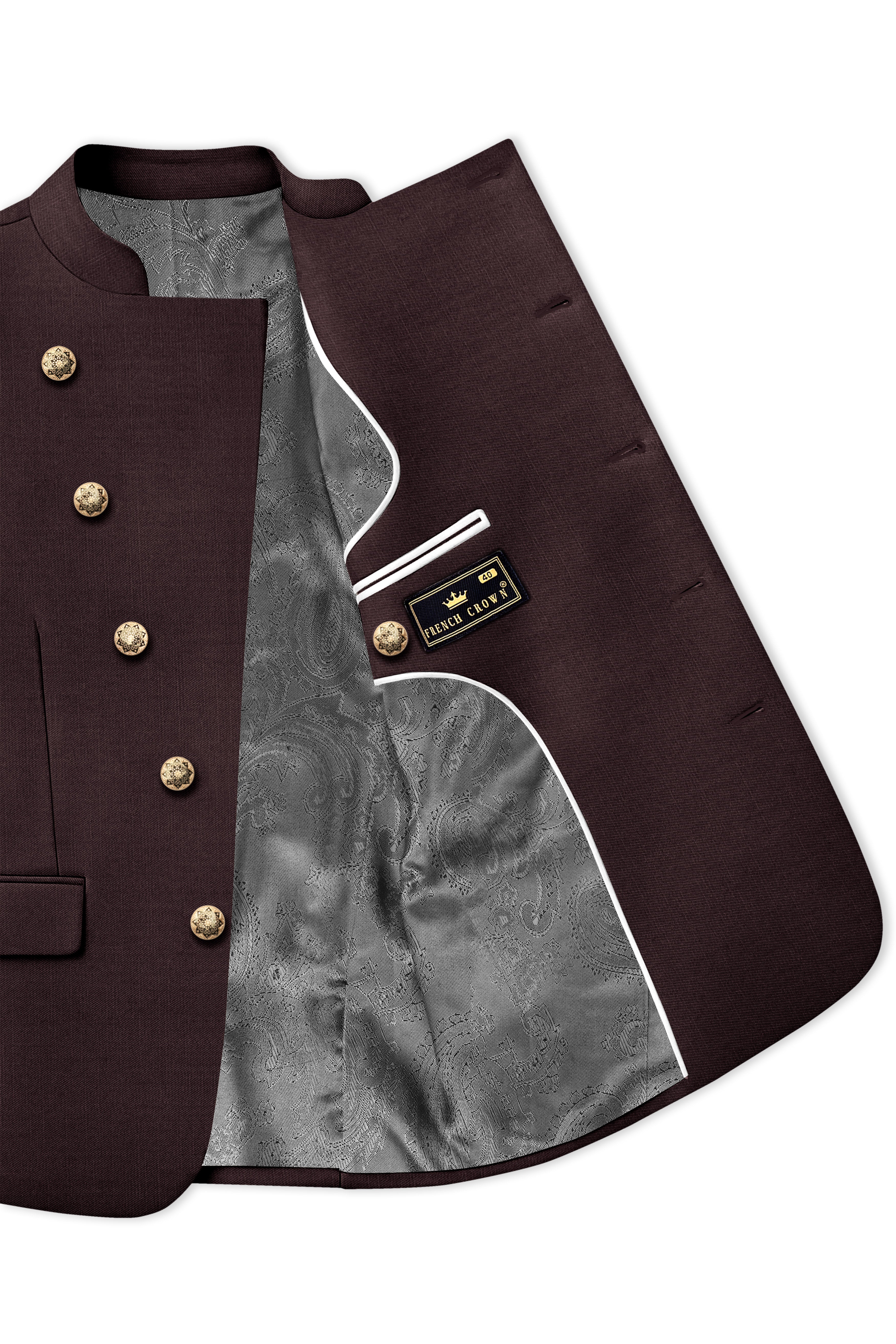 Espresso-Hickory Brown Solid Wool Rich Cross Placket Bandhgala Slight Stretch Suit