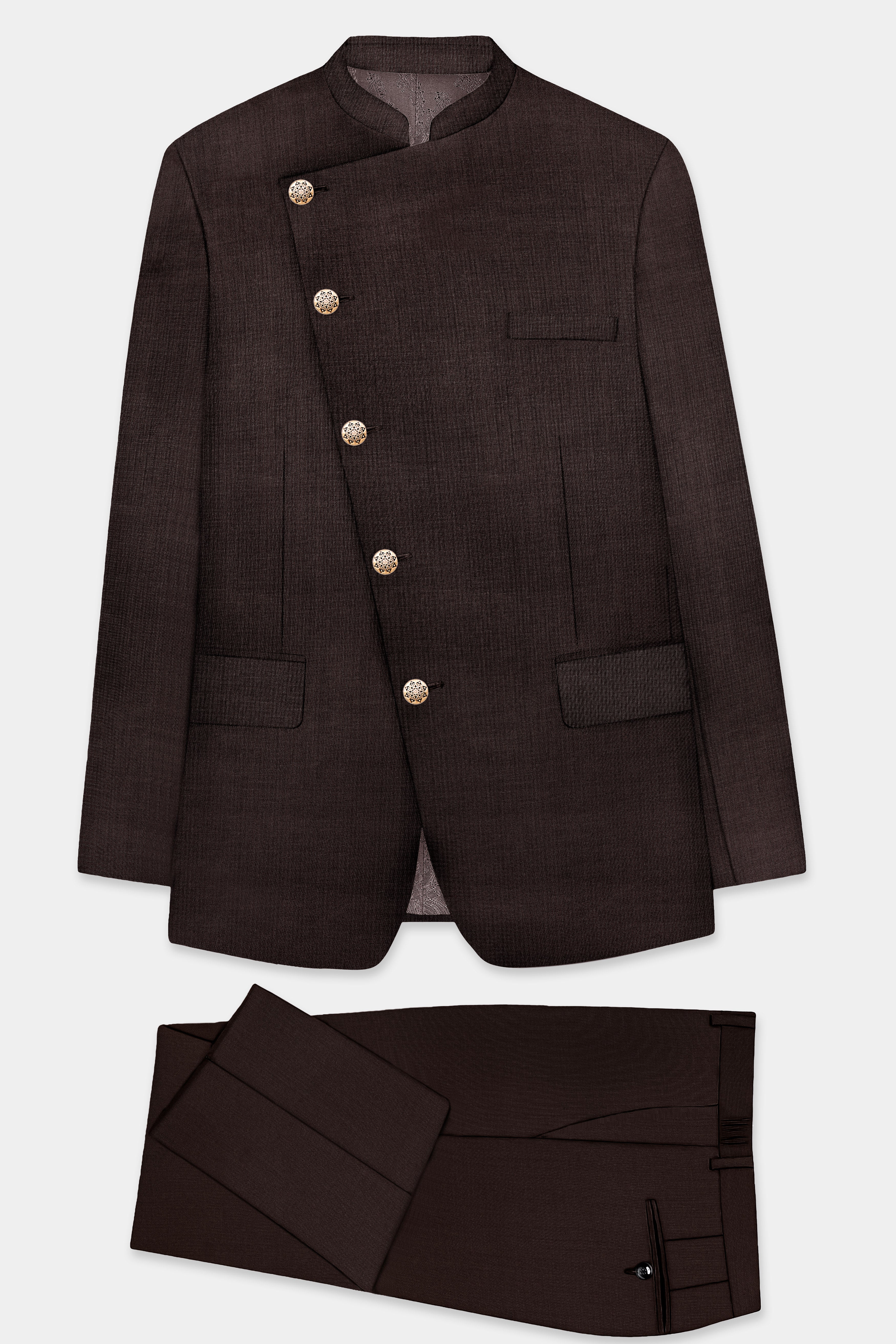 Espresso-Hickory Brown Solid Wool Rich Cross Placket Bandhgala Slight Stretch Suit