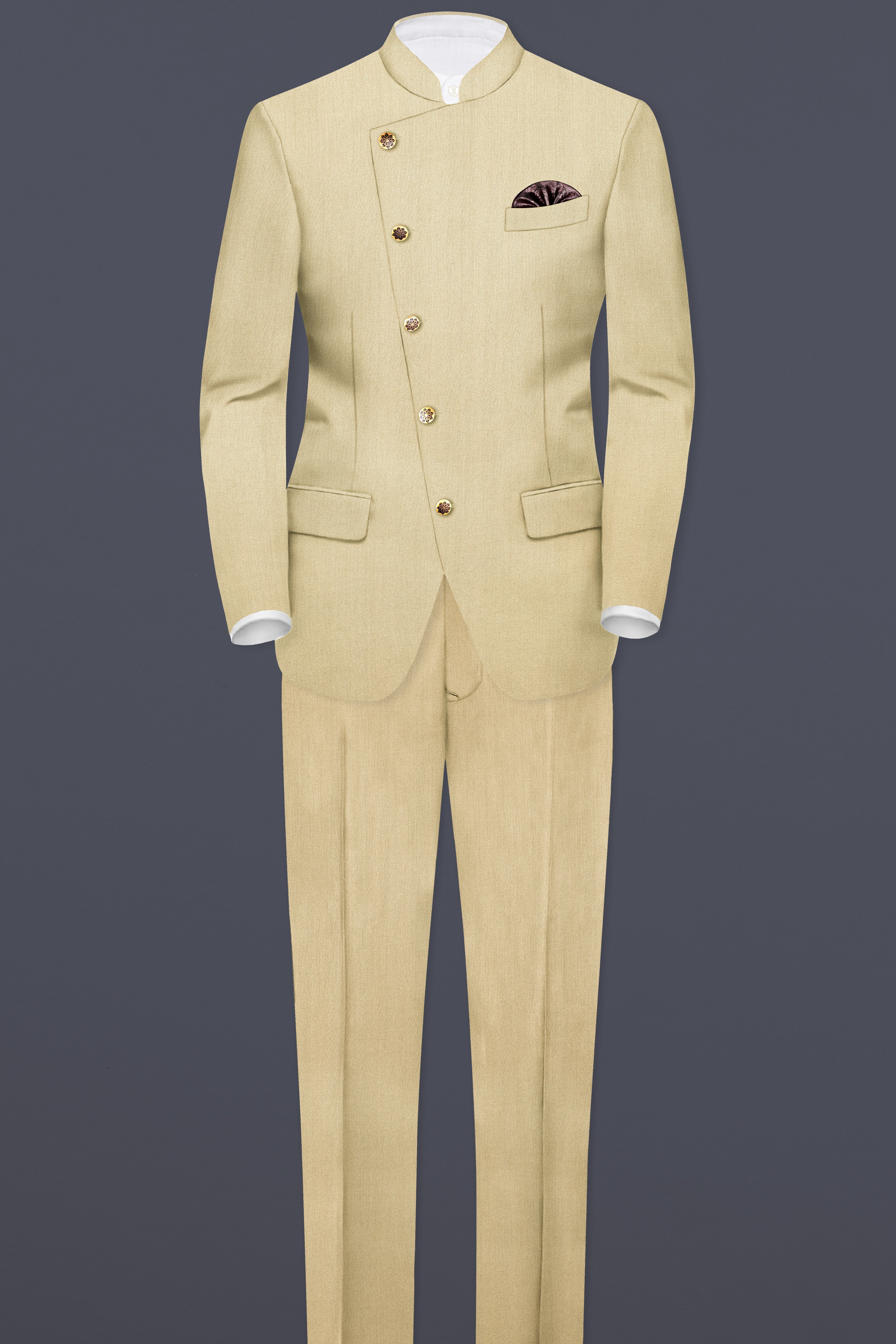 Ecru Classic-Pavlova Cream Solid Wool Rich Cross Placket Bandhgala Suit