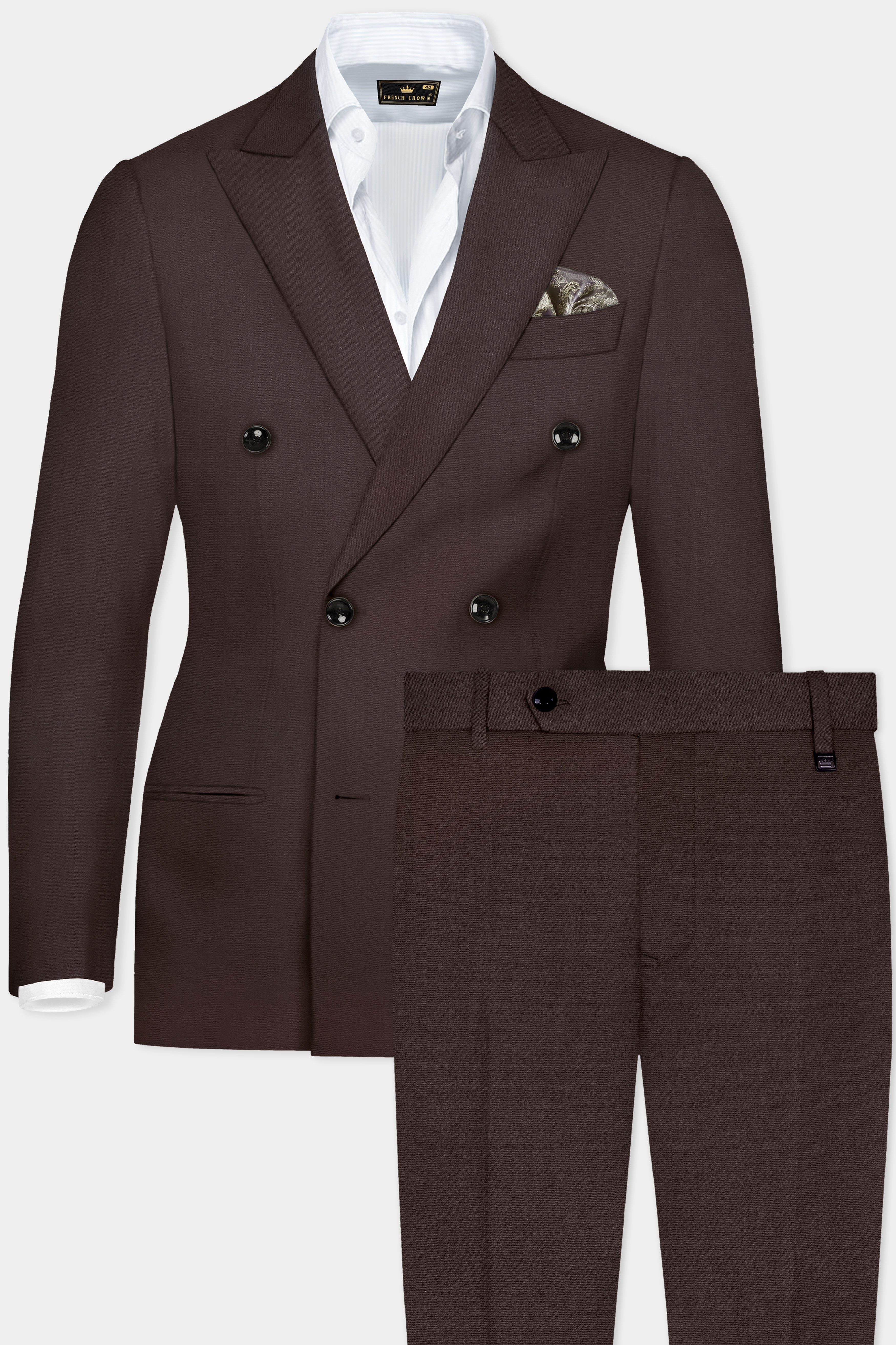 Espresso-Hickory Brown Solid Wool Rich Double Breasted Suit