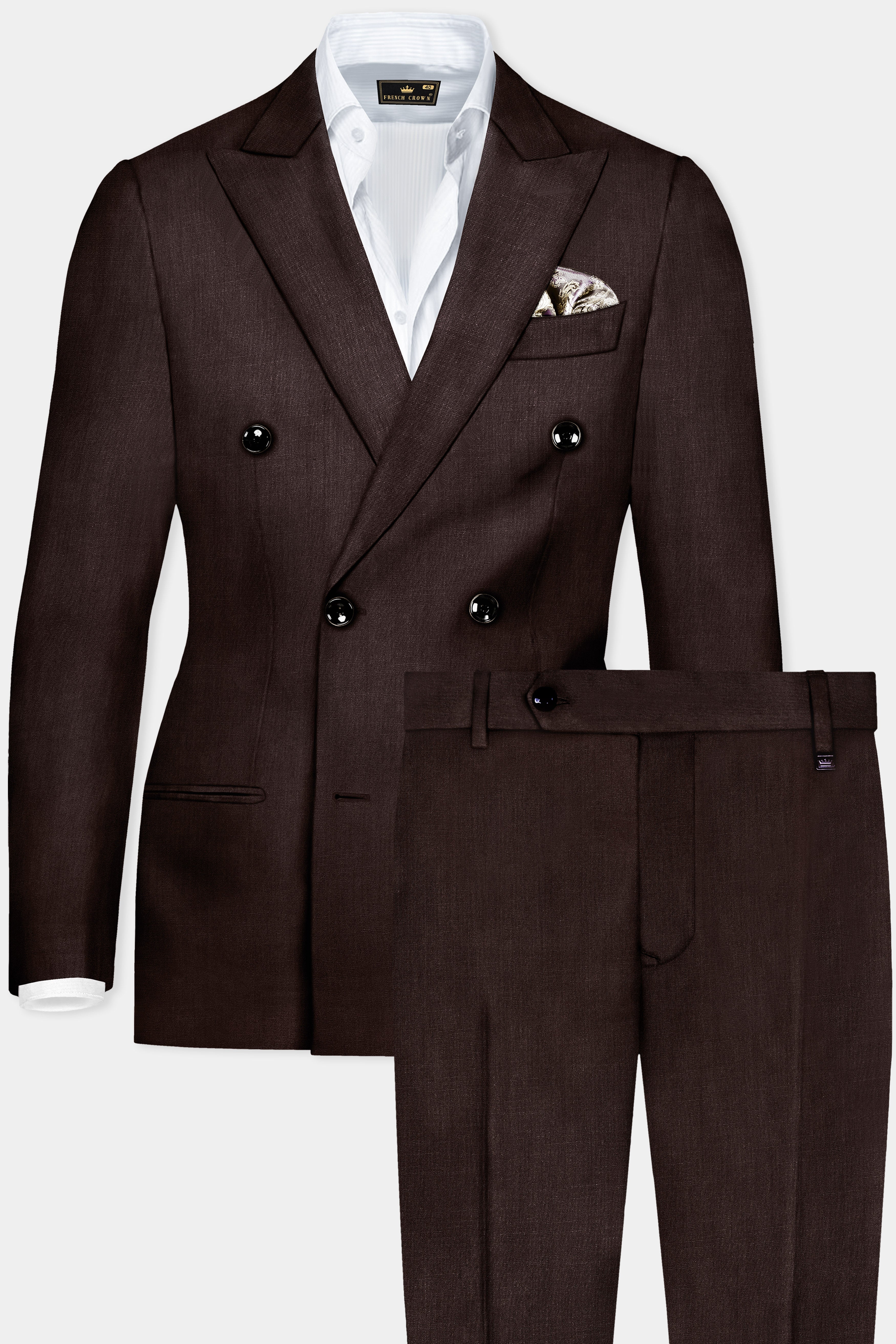 Espresso-Hickory Brown Solid Wool Rich Double Breasted Suit