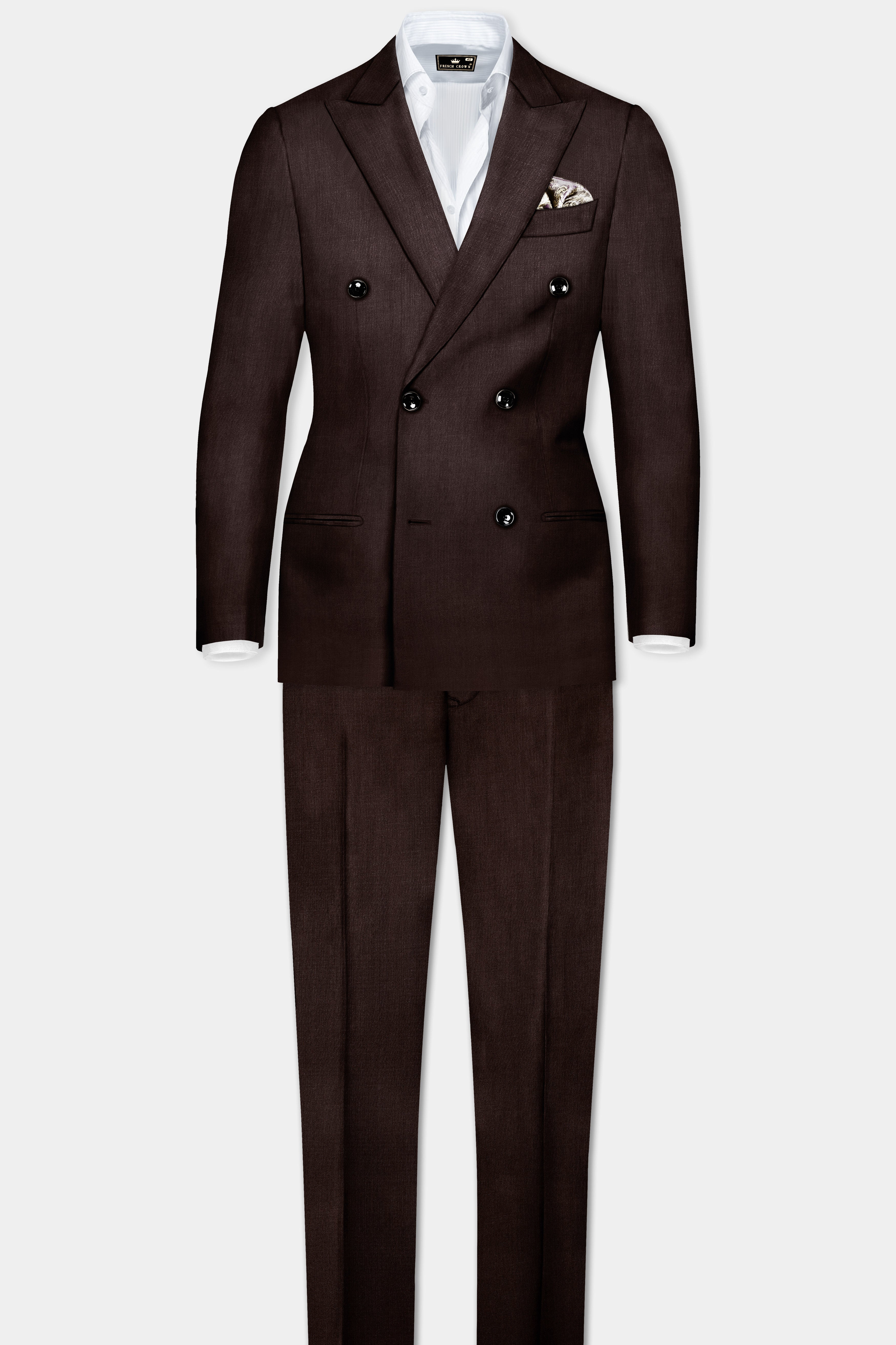 Espresso-Hickory Brown Solid Wool Rich Double Breasted Slight Stretch Suit
