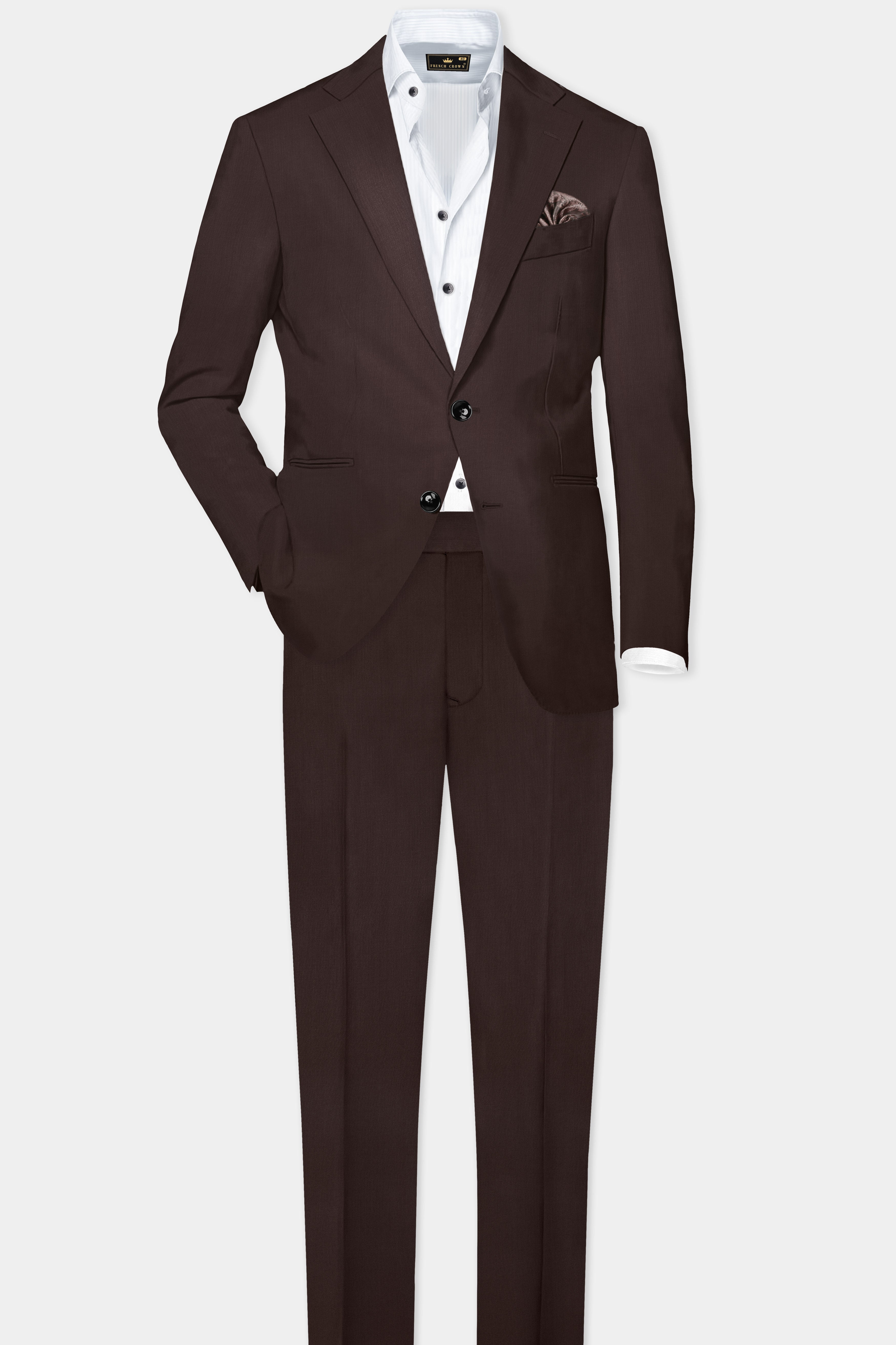 Espresso-Hickory Brown Solid Wool Rich Single Breasted Suit