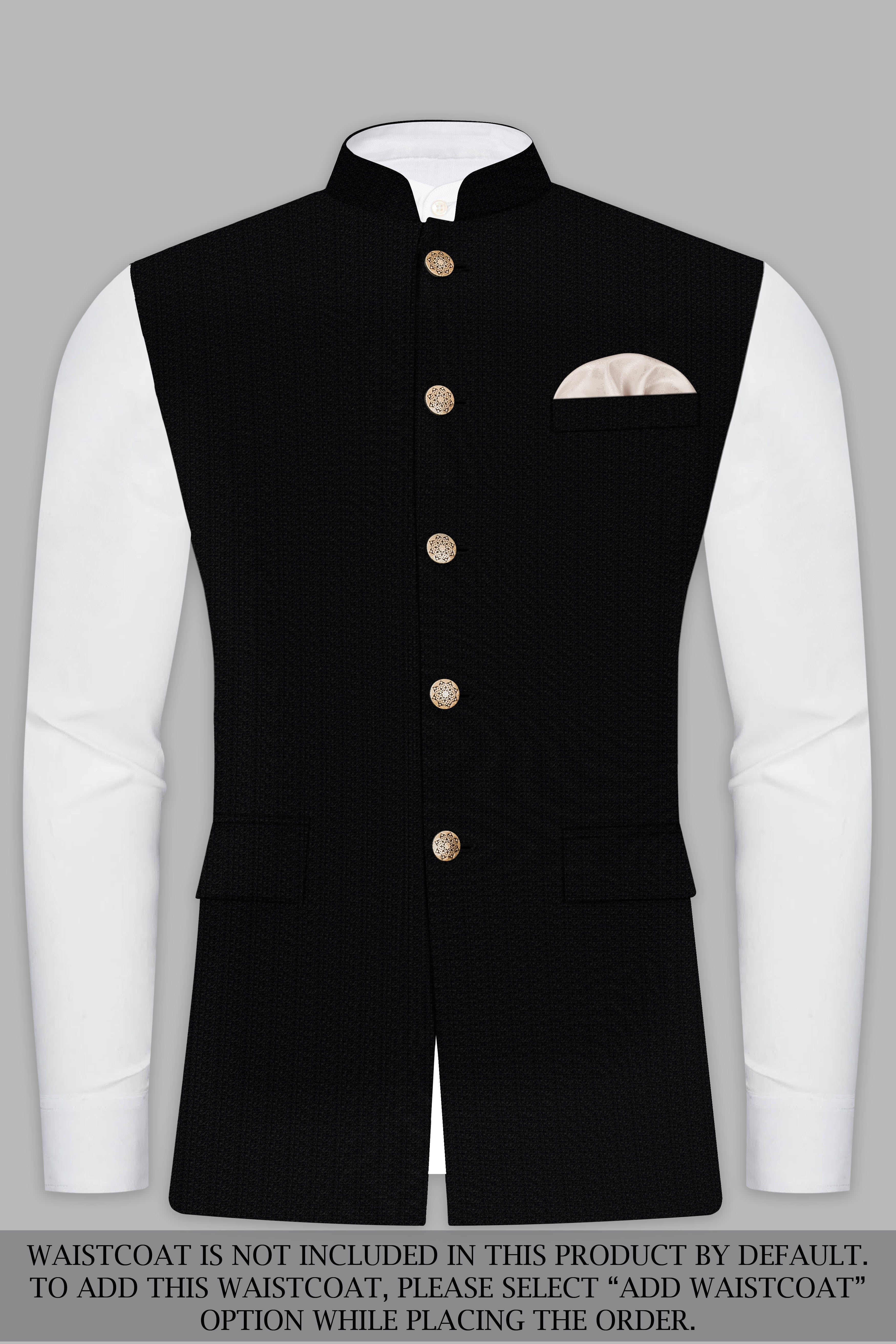 Noir-Jade Black Textured Wool Rich Bandhgala Suit