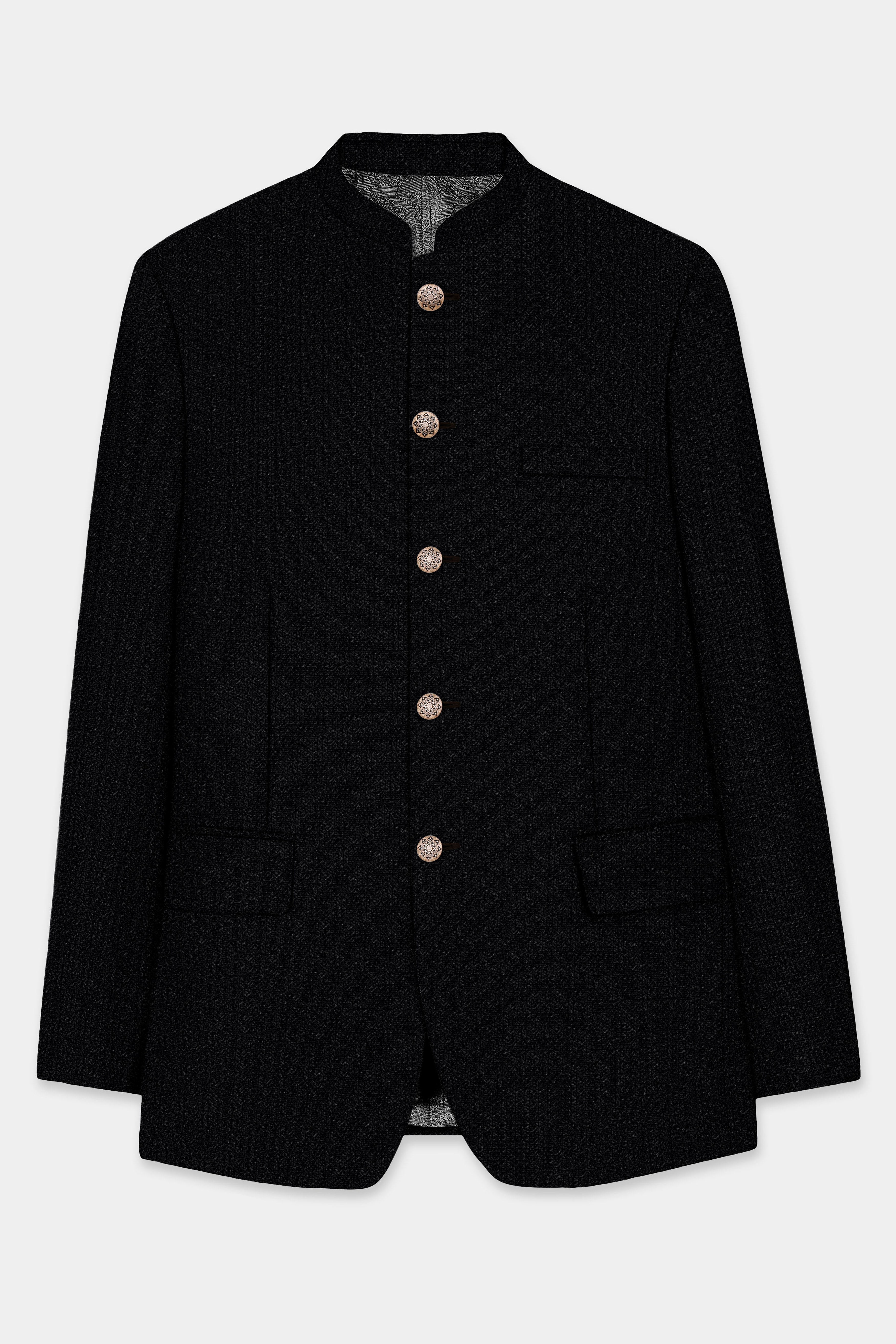 Noir-Jade Black Textured Wool Rich Bandhgala Suit