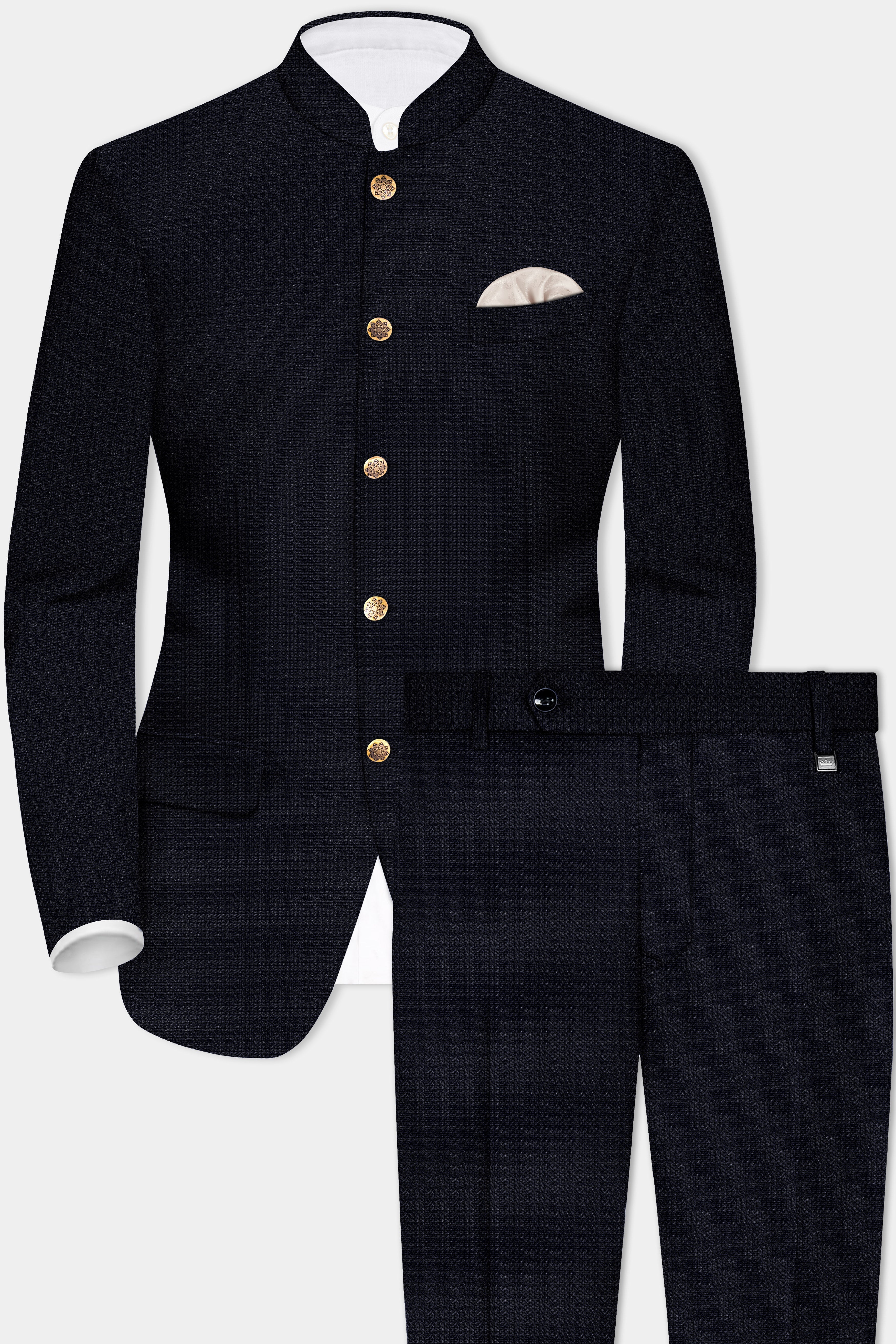 Indigo Prestige-French Navy Textured Wool Rich Bandhgala Suit