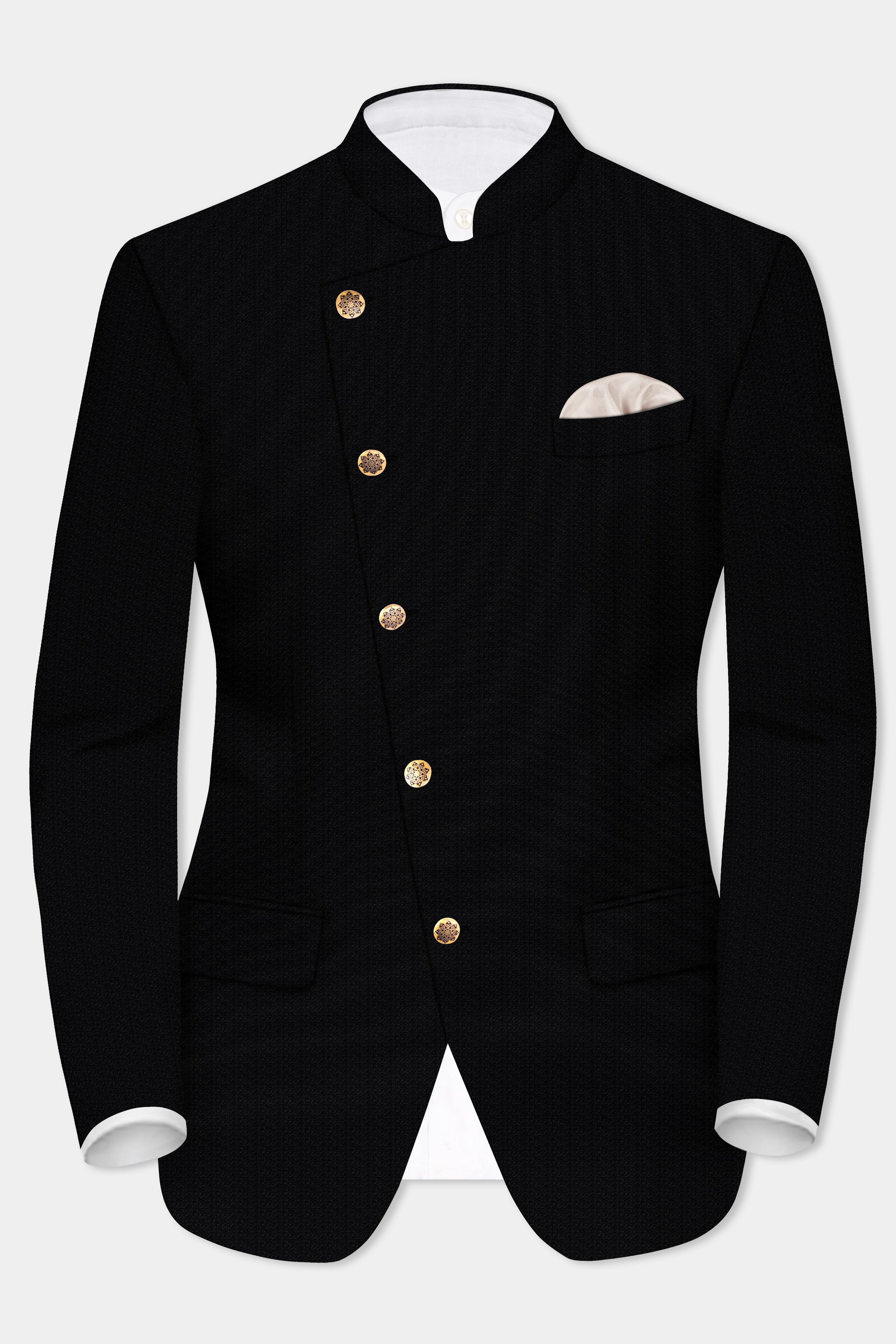 Noir-Jade Black Textured Wool Rich Cross Placket Bandhgala Suit