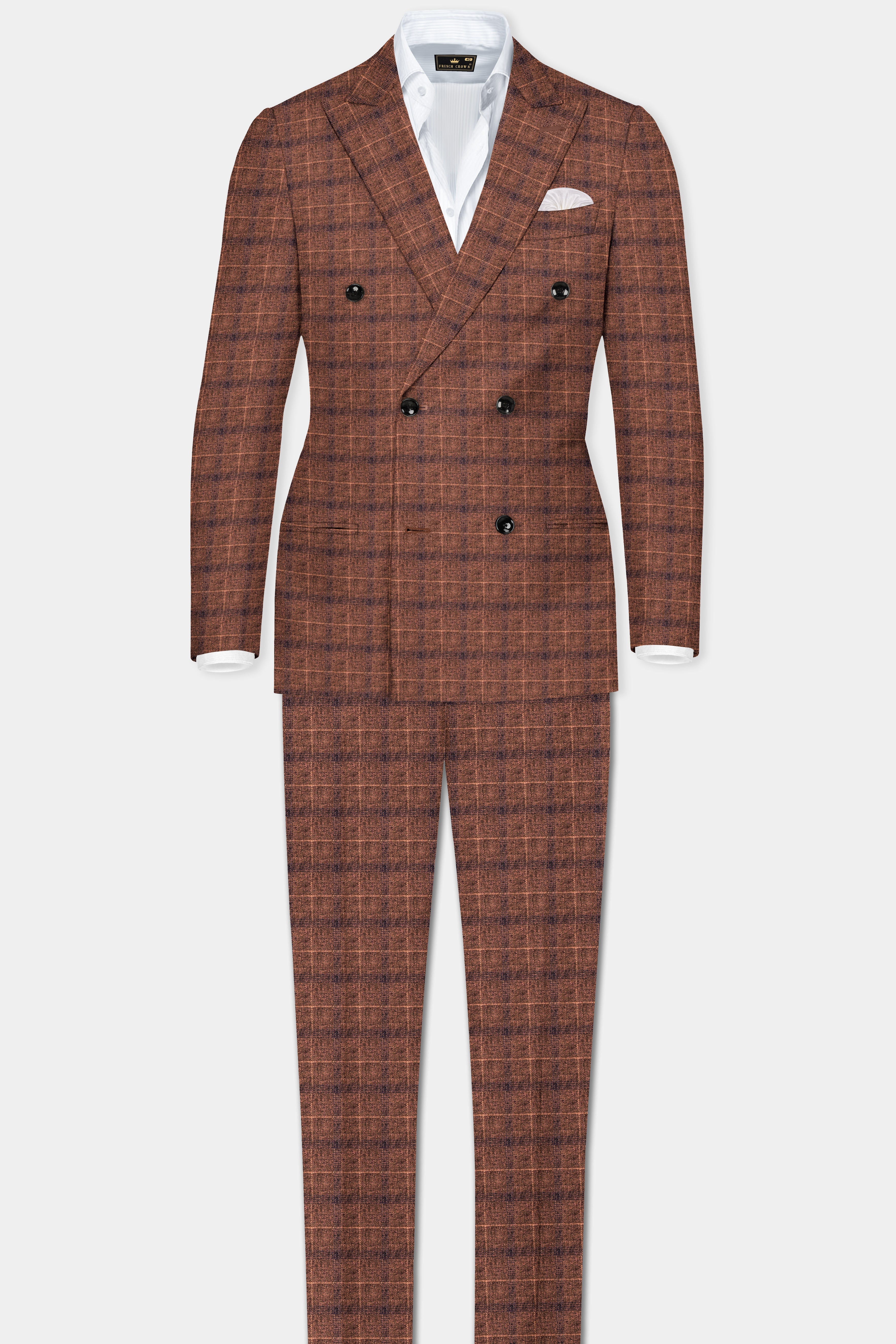 Cinnamon Spice-Spice Brown Plaid Wool Rich Double Breasted Suit