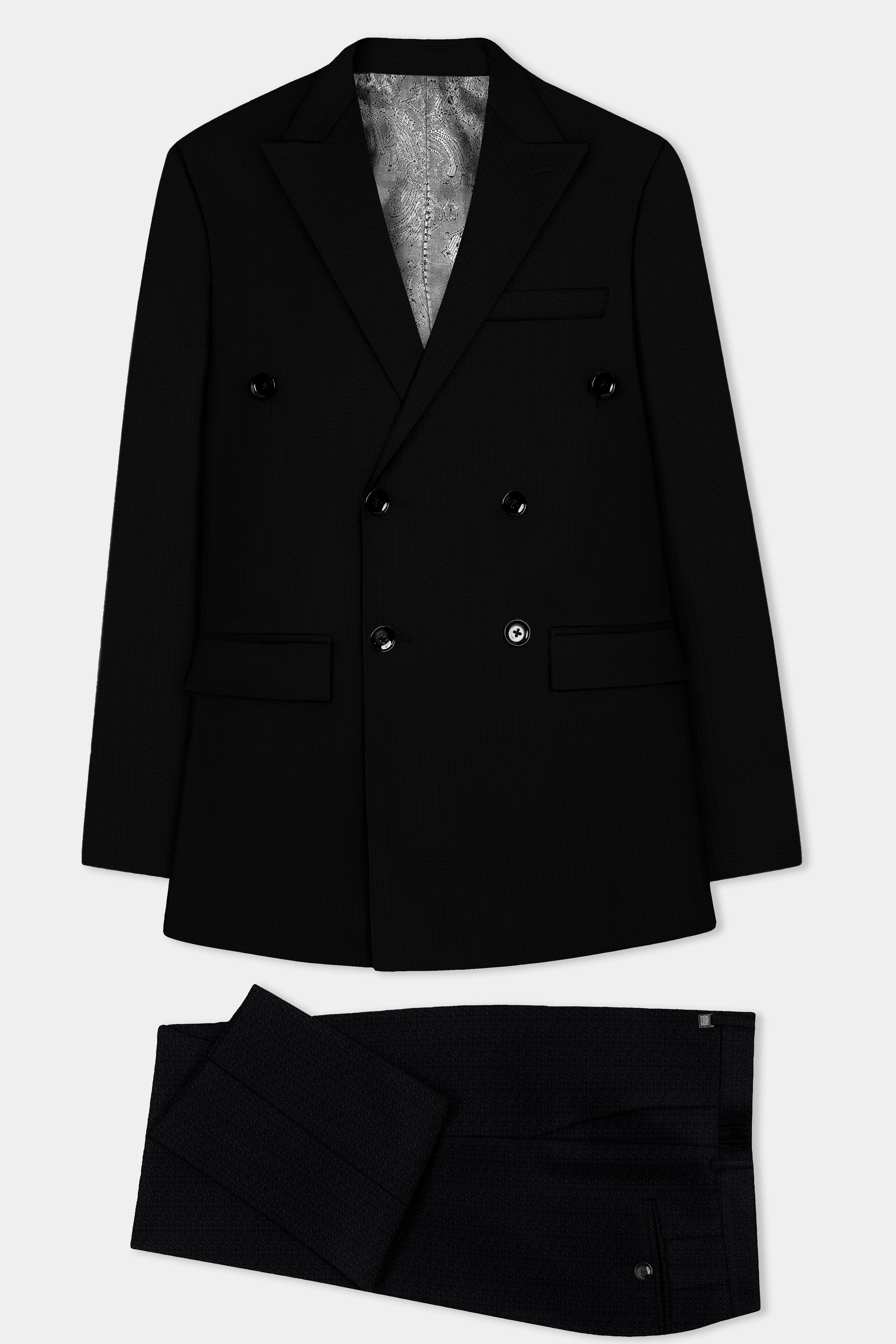 Noir-Jade Black Textured Wool Rich Double Breasted Suit