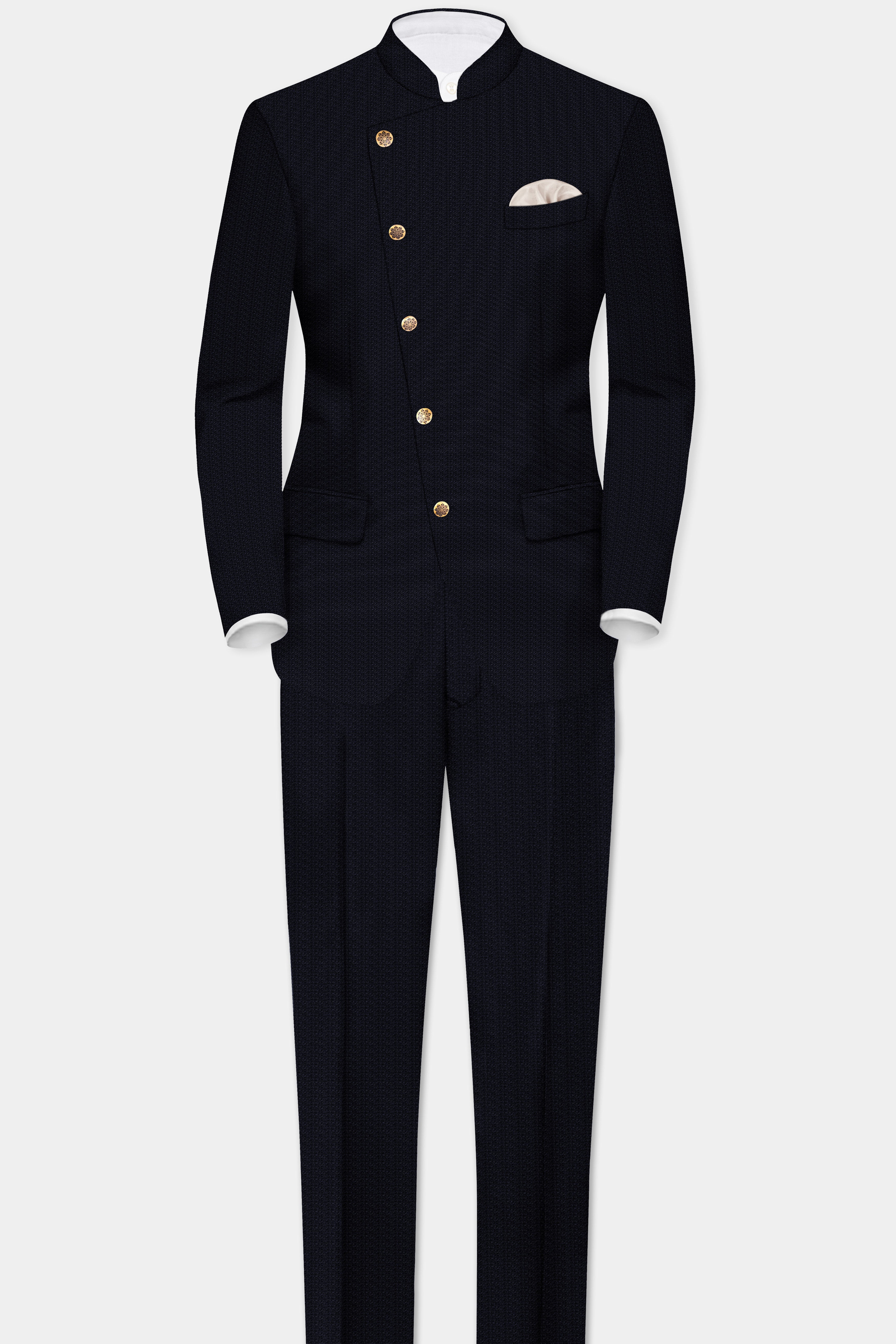 Indigo Prestige-French Navy Textured Wool Rich Cross Placket Bandhgala Suit