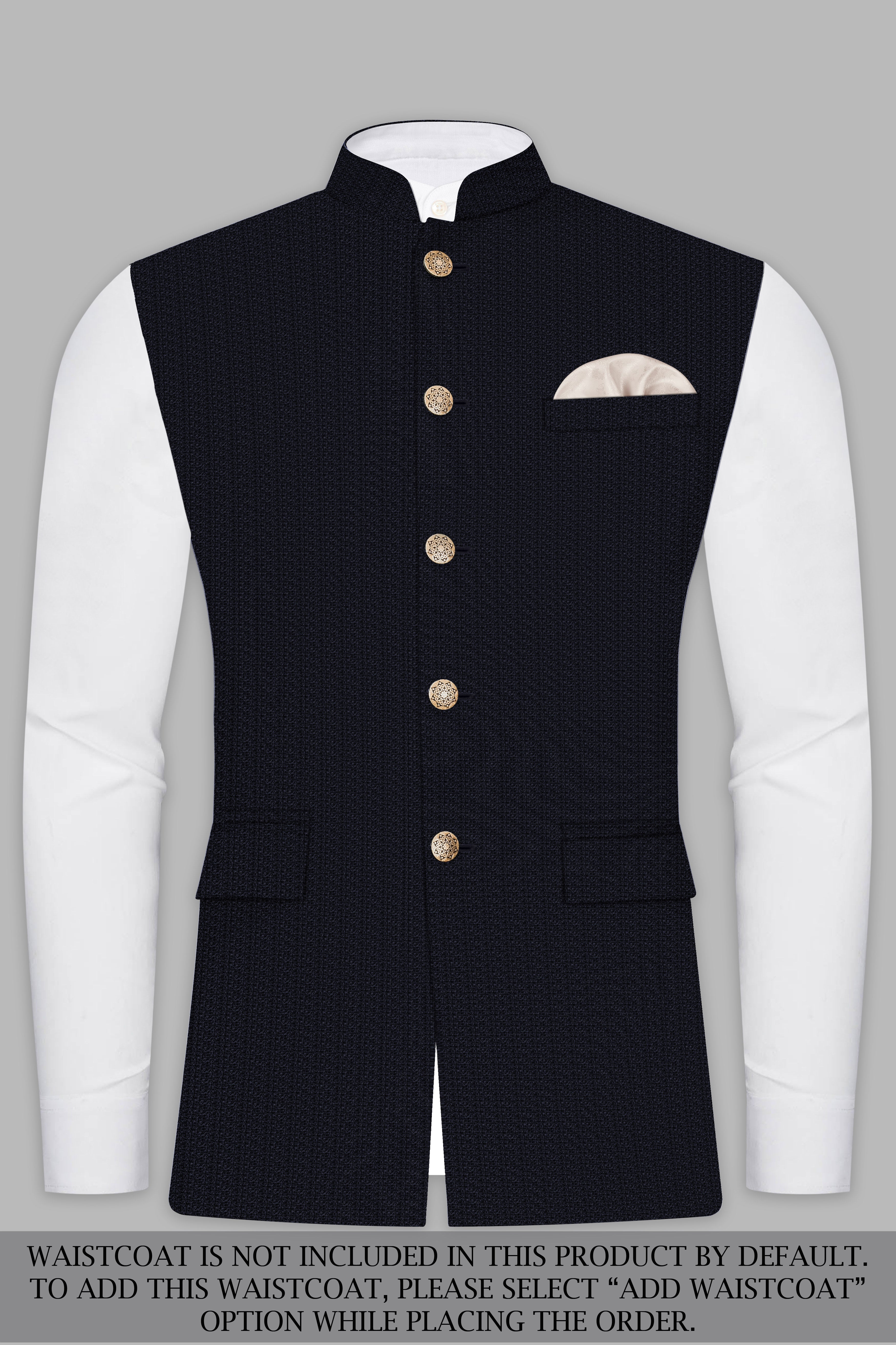 Indigo Prestige-French Navy Textured Wool Rich Bandhgala Designer Suit