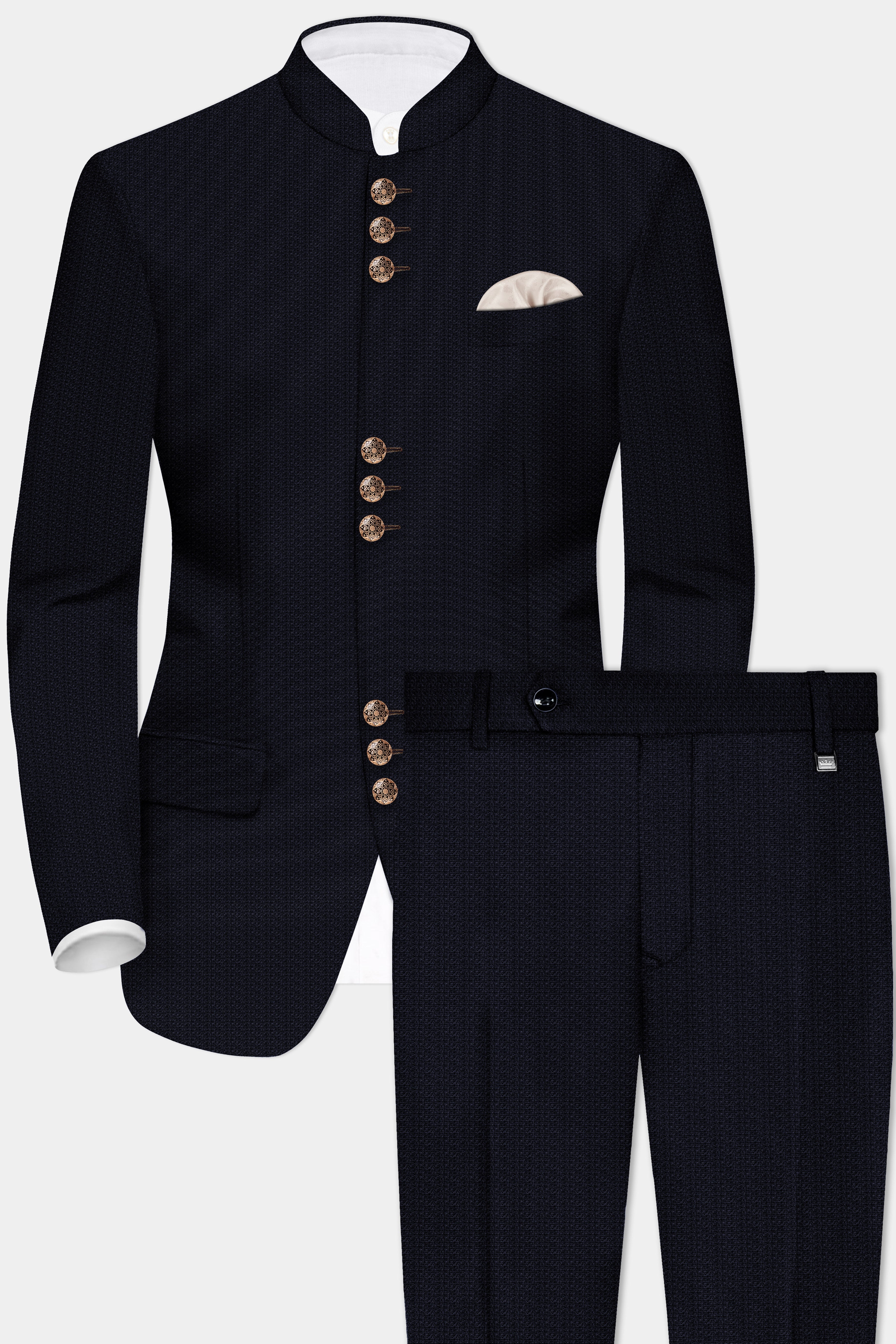 Indigo Prestige-French Navy Textured Wool Rich Bandhgala Designer Suit