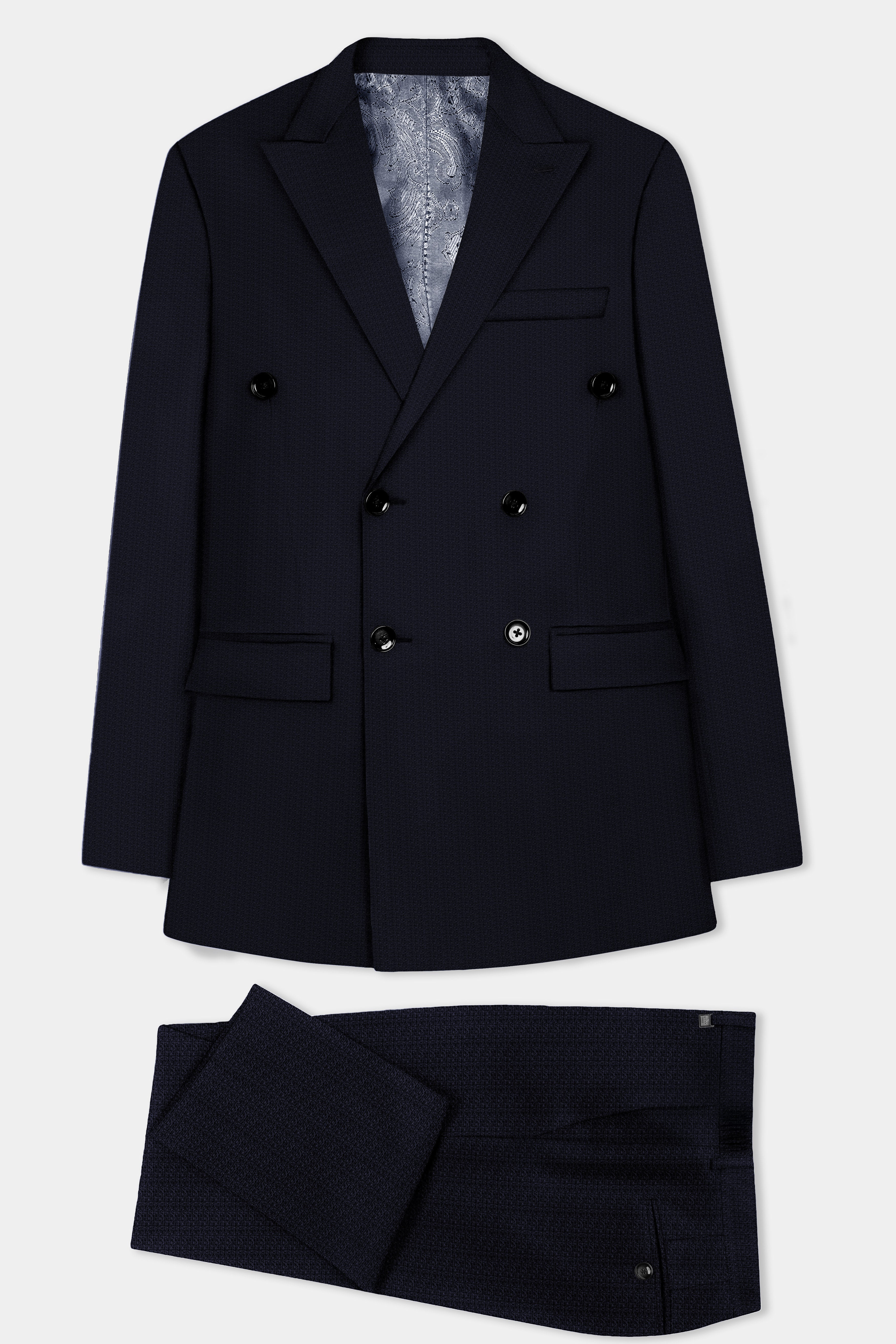 Indigo Prestige-French Navy Textured Wool Rich Double Breasted Suit