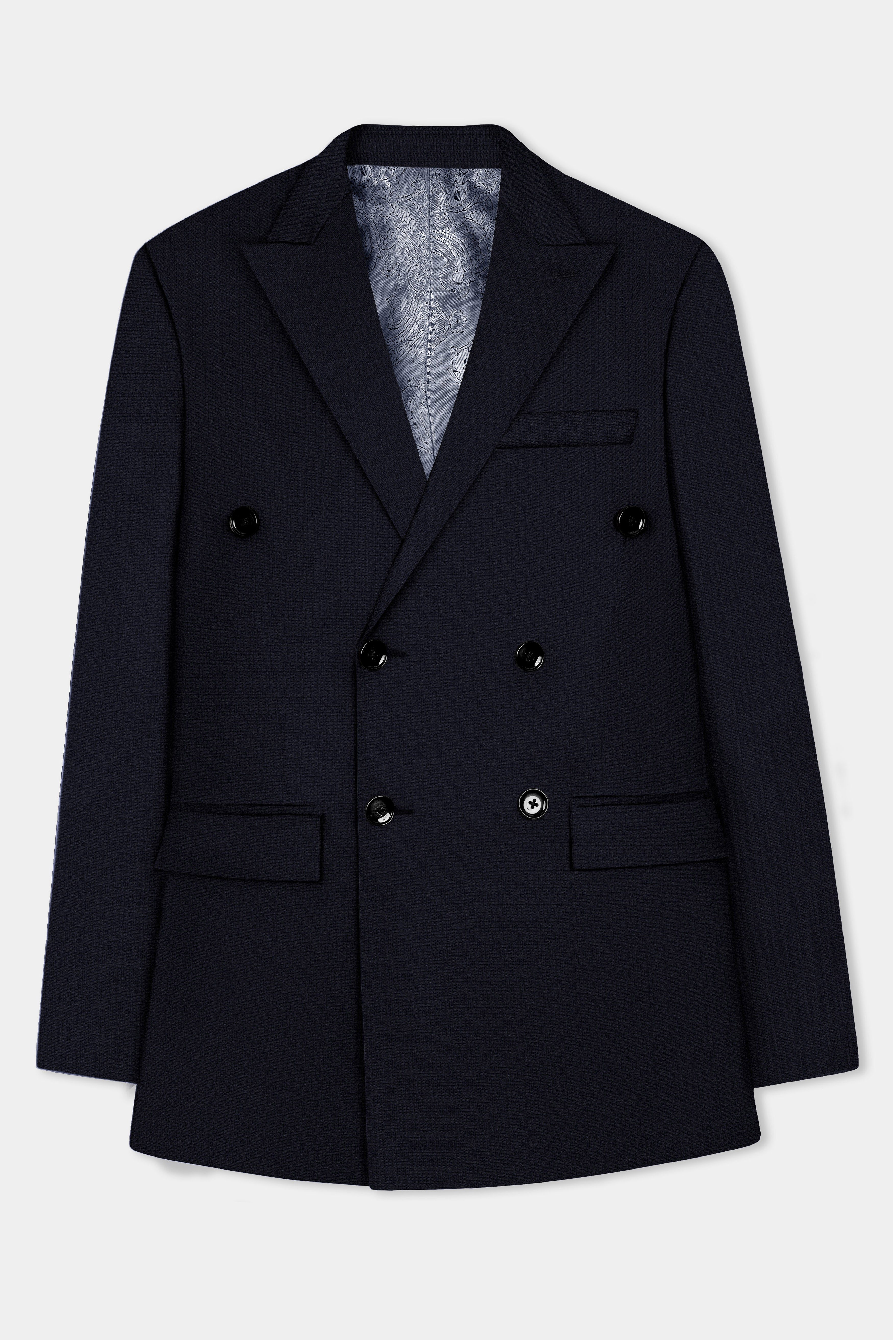 Indigo Prestige-French Navy Textured Wool Rich Double Breasted Suit