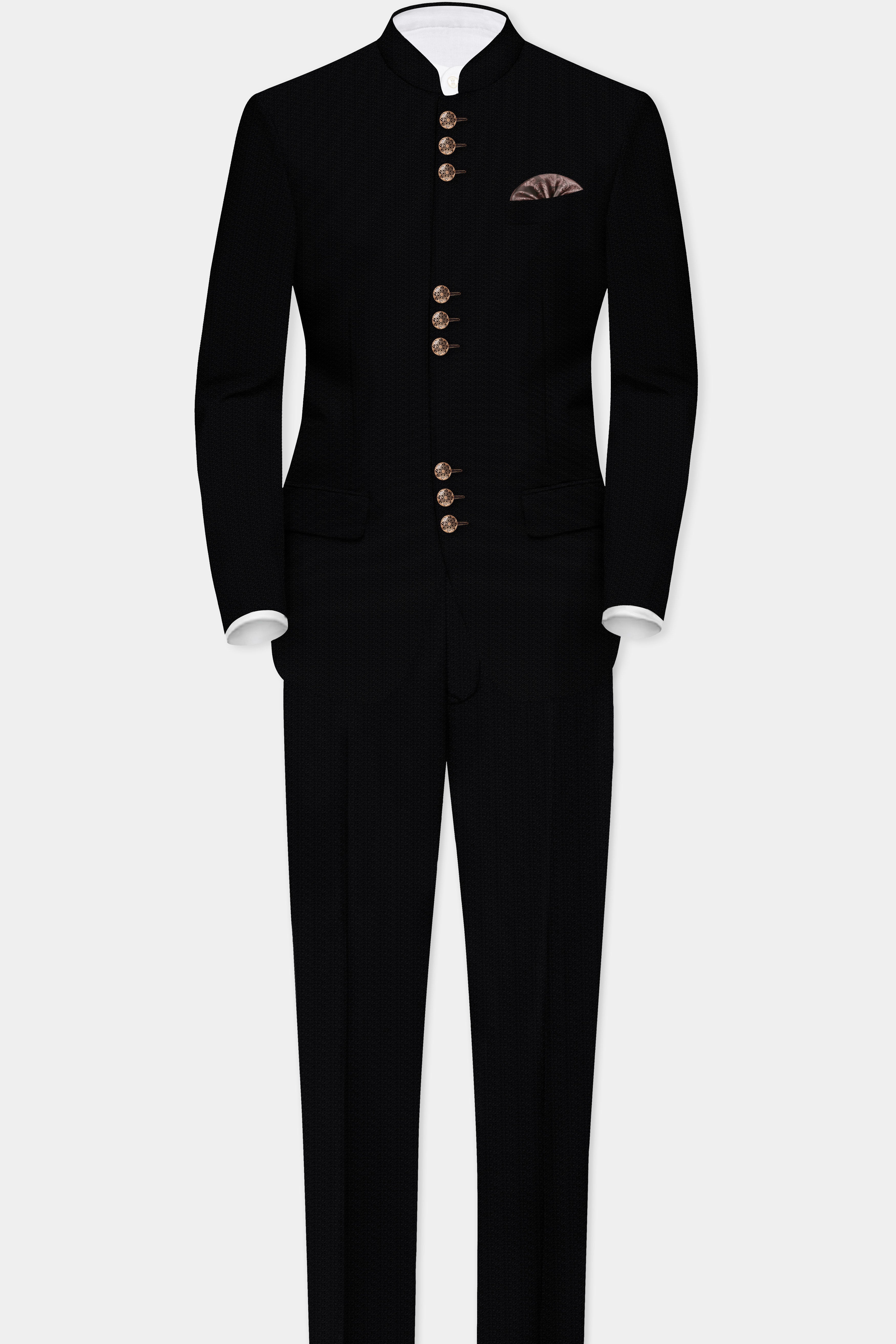 Noir-Jade Black Textured Wool Rich Bandhgala Designer Suit