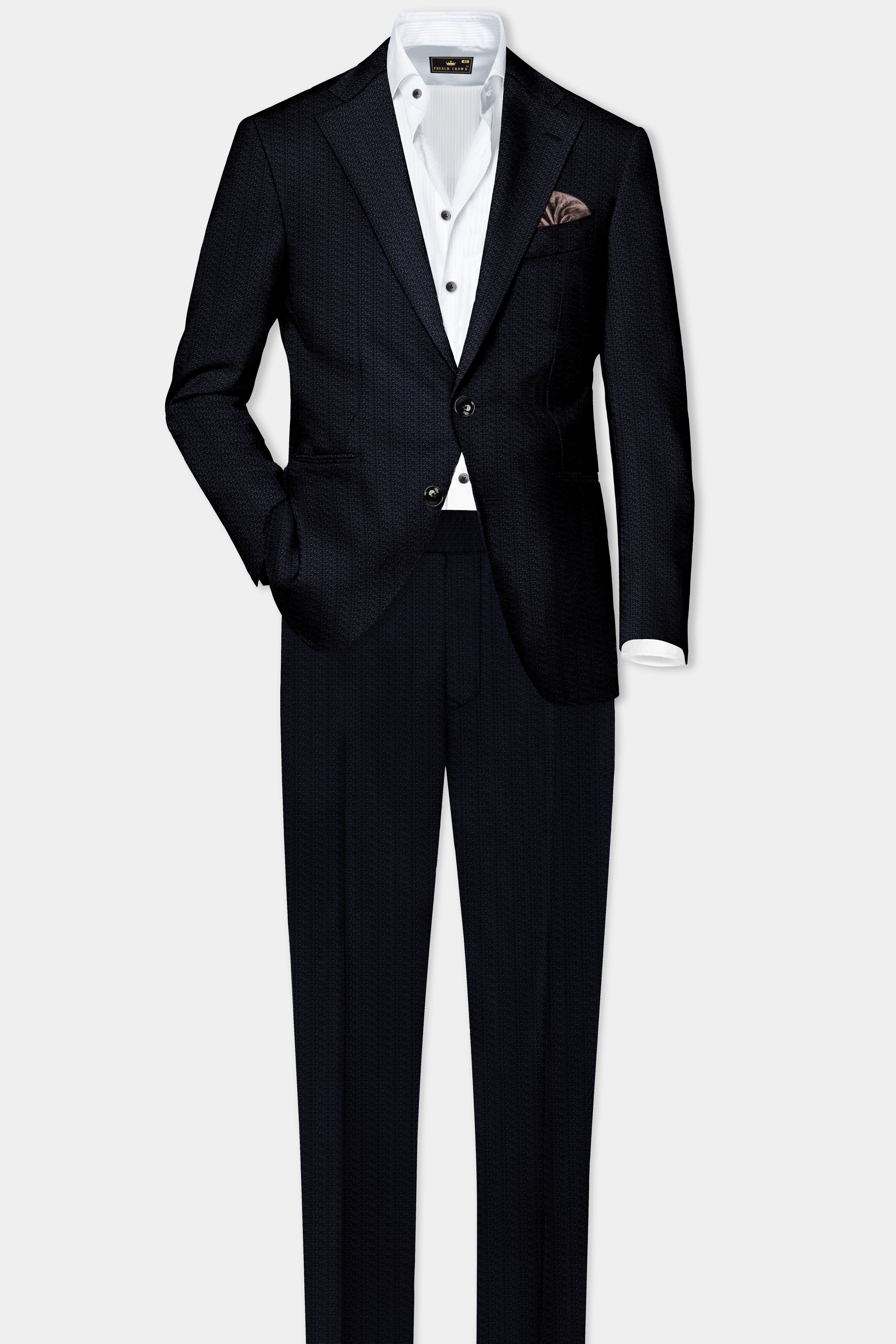 Indigo Prestige-French Navy Textured Wool Rich Single Breasted Suit