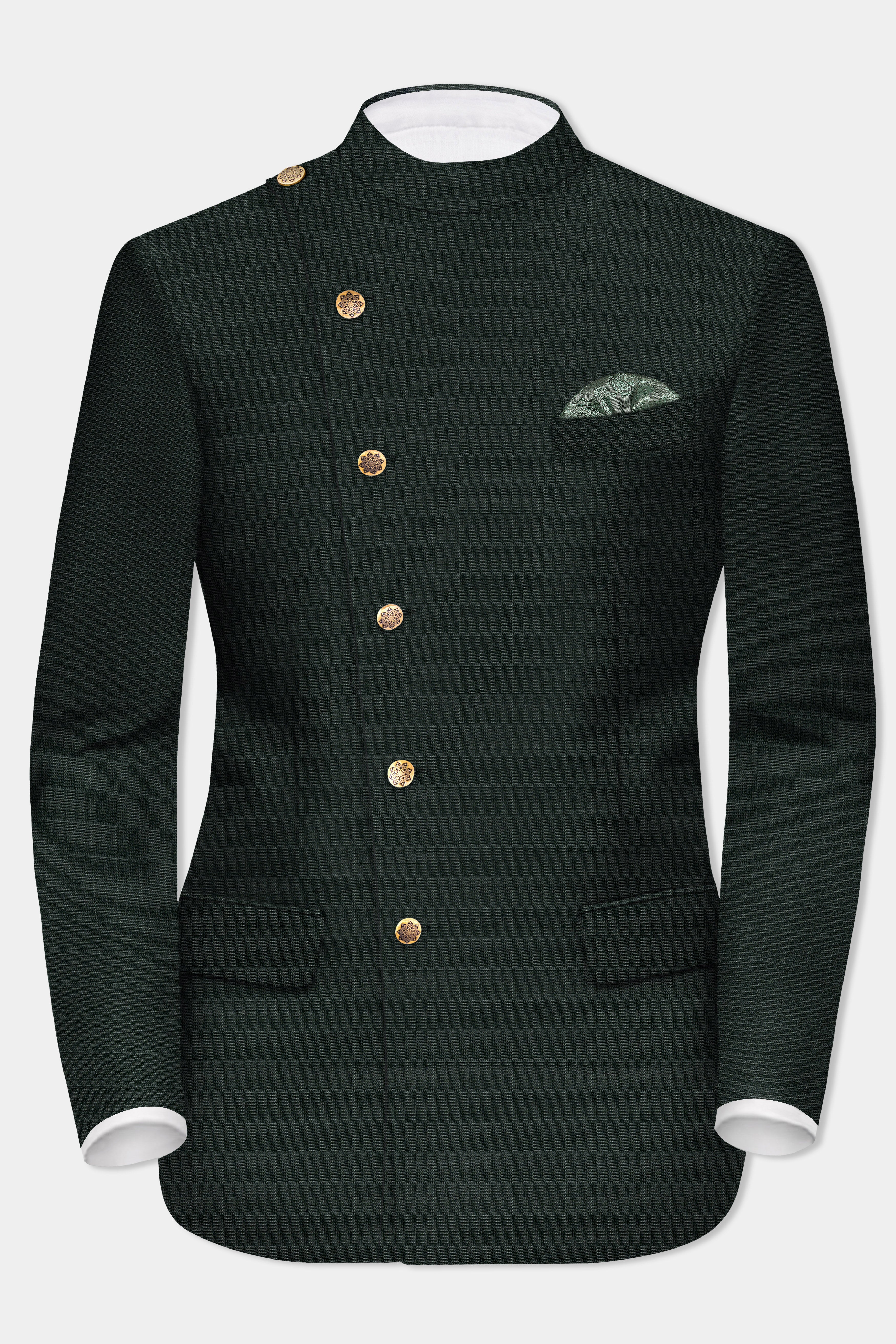 Aztec-Opulent Green Plaid Wool Rich Cross Placket Bandhgala Suit