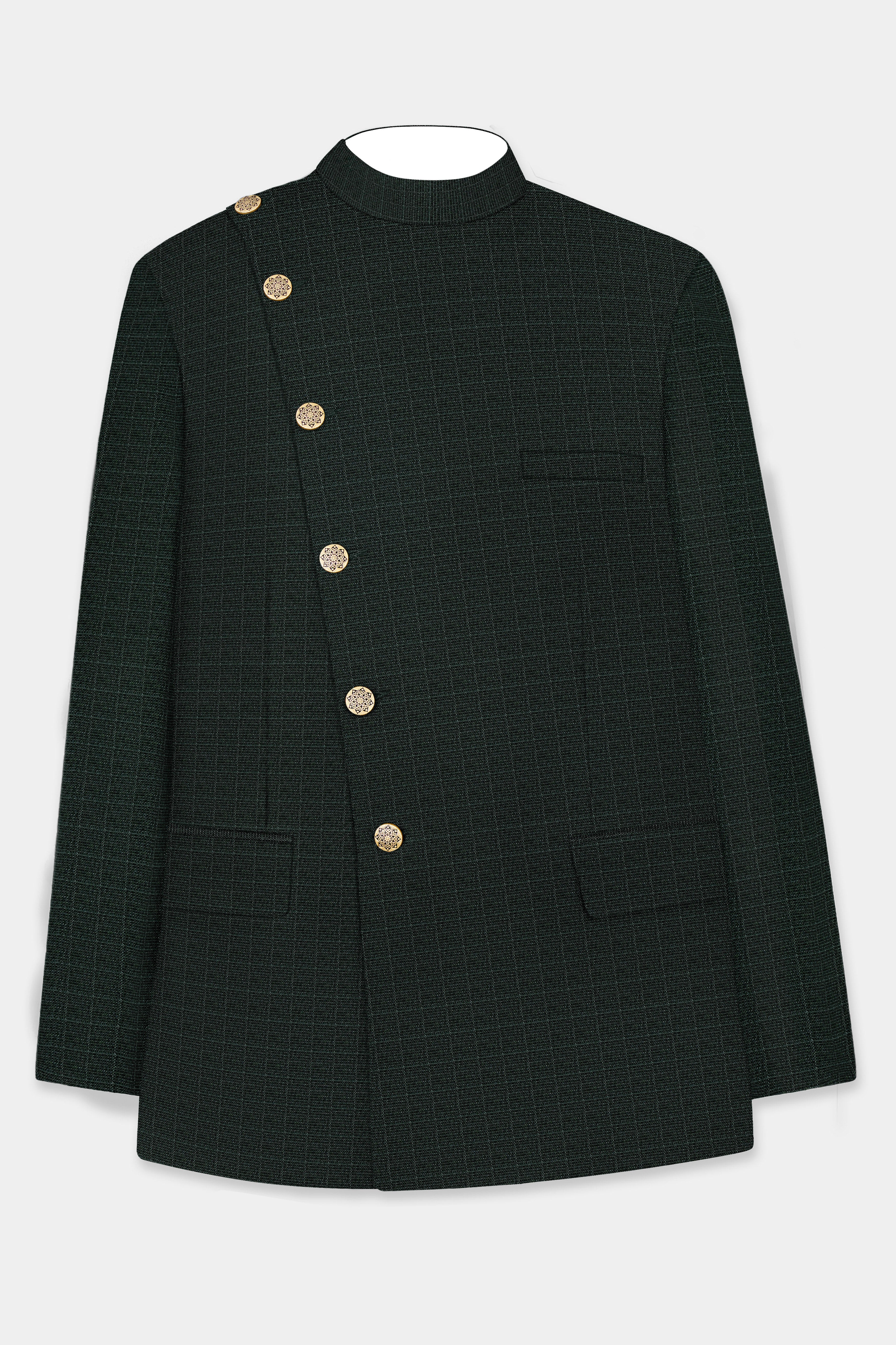 Aztec-Opulent Green Plaid Wool Rich Cross Placket Bandhgala Suit