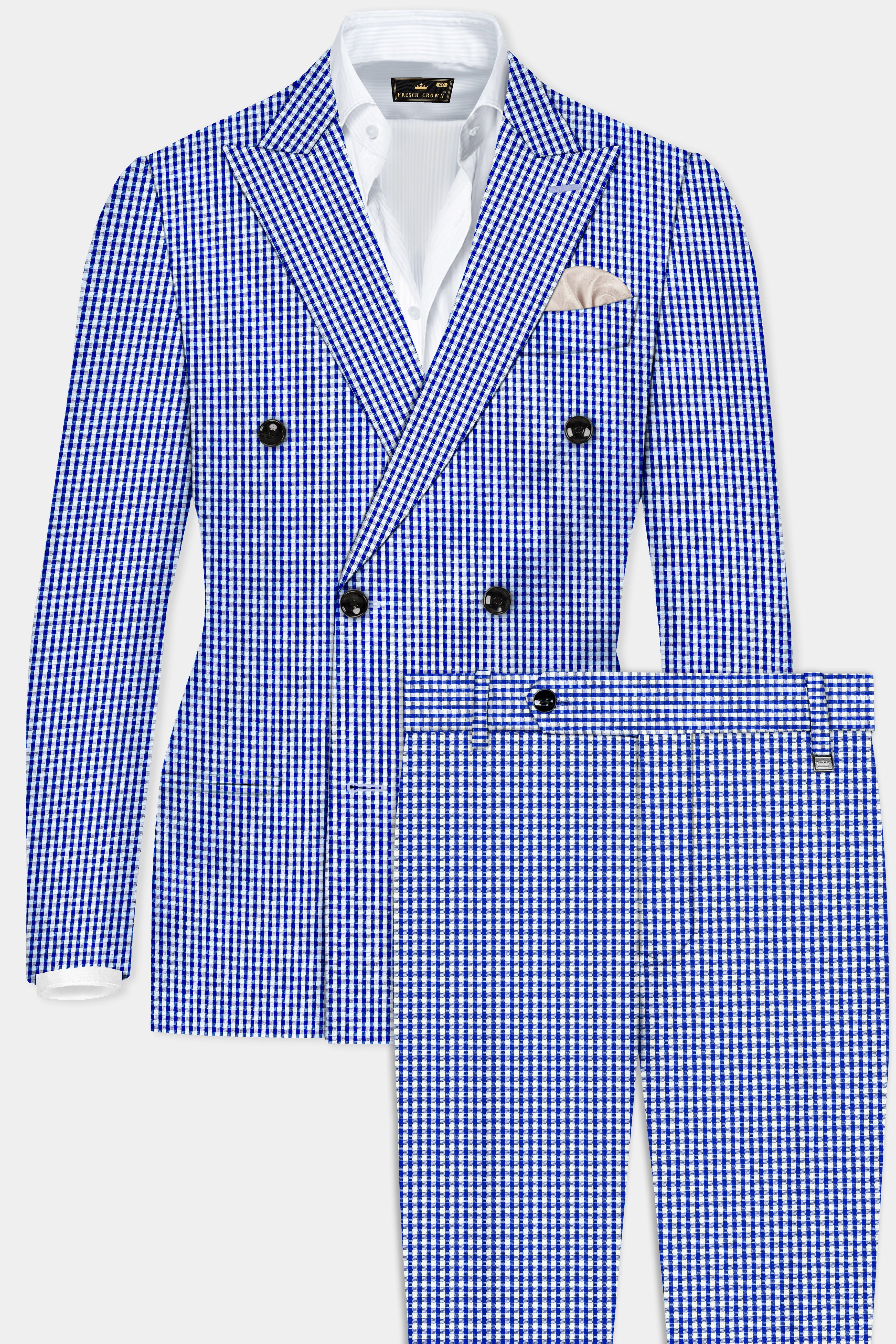 Nautilus-Torea Bay Blue And Bright White Gingham Plaid Cotton Double Breasted Suit